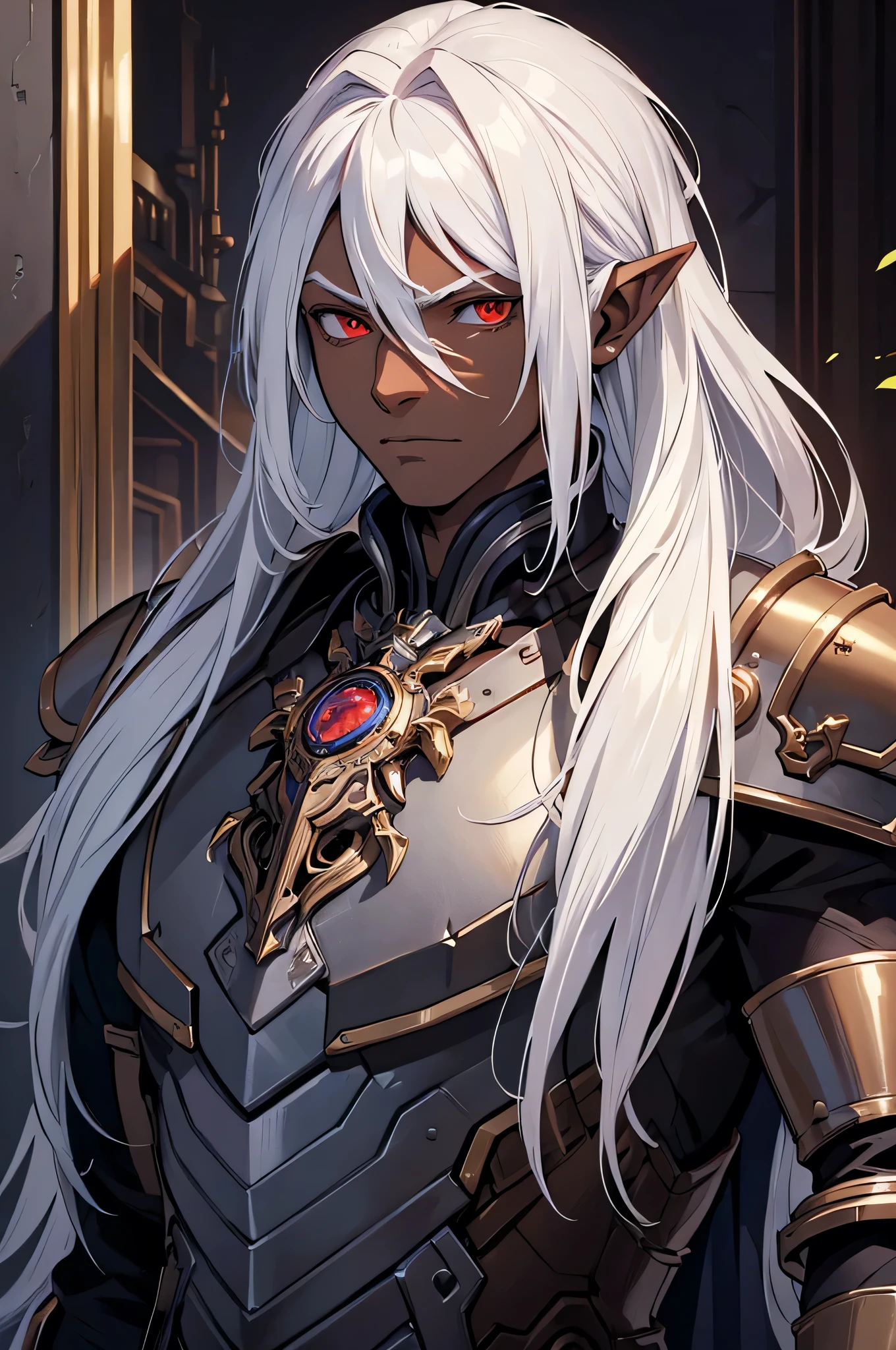 masterpiece, best quality, ultra high res, dark theme, 1boy, (dungeonpunk armor), (mechanical steampunk armor), (wearing armor), fantasy illustration, dark skinned, human, upper body, portrait, red eyes, long white hair, half-drow, pointy ears, serious face, young man, dramatic lighting, purple hue, art by Kinema Citrus
