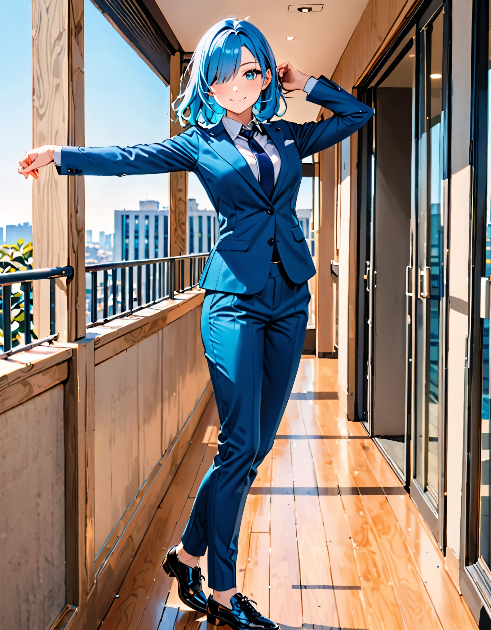 best quality, masterpiece, 1lady, incredibly absurdres, extremely detailed, delicate texture, 1girl, solo, solo focus, intelligent beauty, medium hair, medium hair, (armpit-length hair, blue hair), aquamarine eyes, hair over one eye, wearing blue suit and tie, long sleeves, pants, shoes, playful, cute smile, closed mouth, outside office balcony