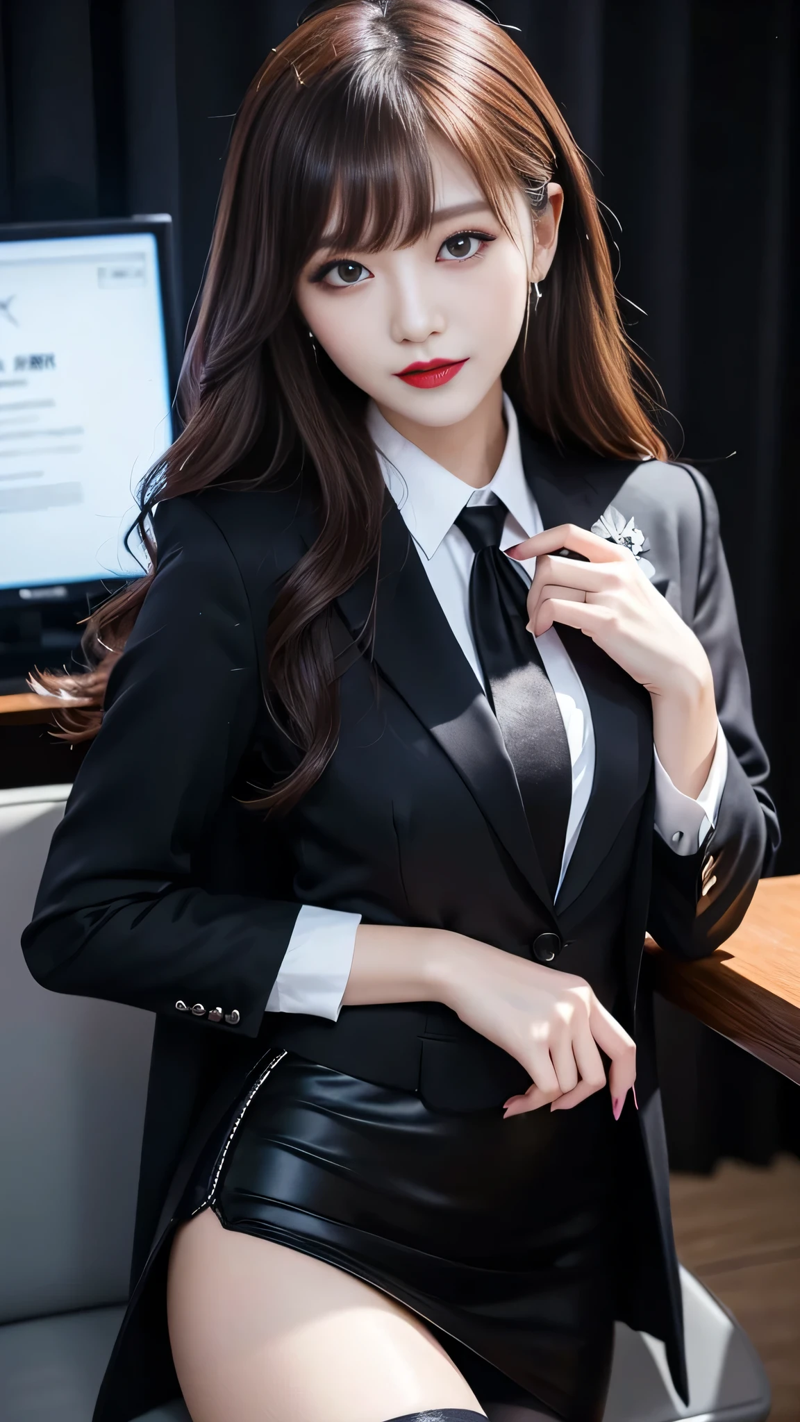 best quality、ultra-detailed、4k、Japanese、Seductive beauty、seductive adult woman、Pretty Woman、cool girl、Villainess、Brainwashed、brainwash、Fallen into evil、smirk、Evil look、Wicked Smile、evil、Brown hair、wavy hair、swept bangs、dark makeup、dark makeup、piercing eyes、hollow eyes,half-closed eyes、Hollow Eyes、purple Eyeshadow、black lipstick、black lipglos、office staff suit、suit、Jacket、Black sleeves、White Shirt、Black Ribbon、Tight Skirt、pantyhose、night、inside darkroom、Are standing、shoot from below、Have lipstick、Emblem of Evil、Crest of Darkness、Swear allegiance、I have pledged my allegiance、Dye black、Blackening、Stained with evil、Dyed in darkness、Seduce