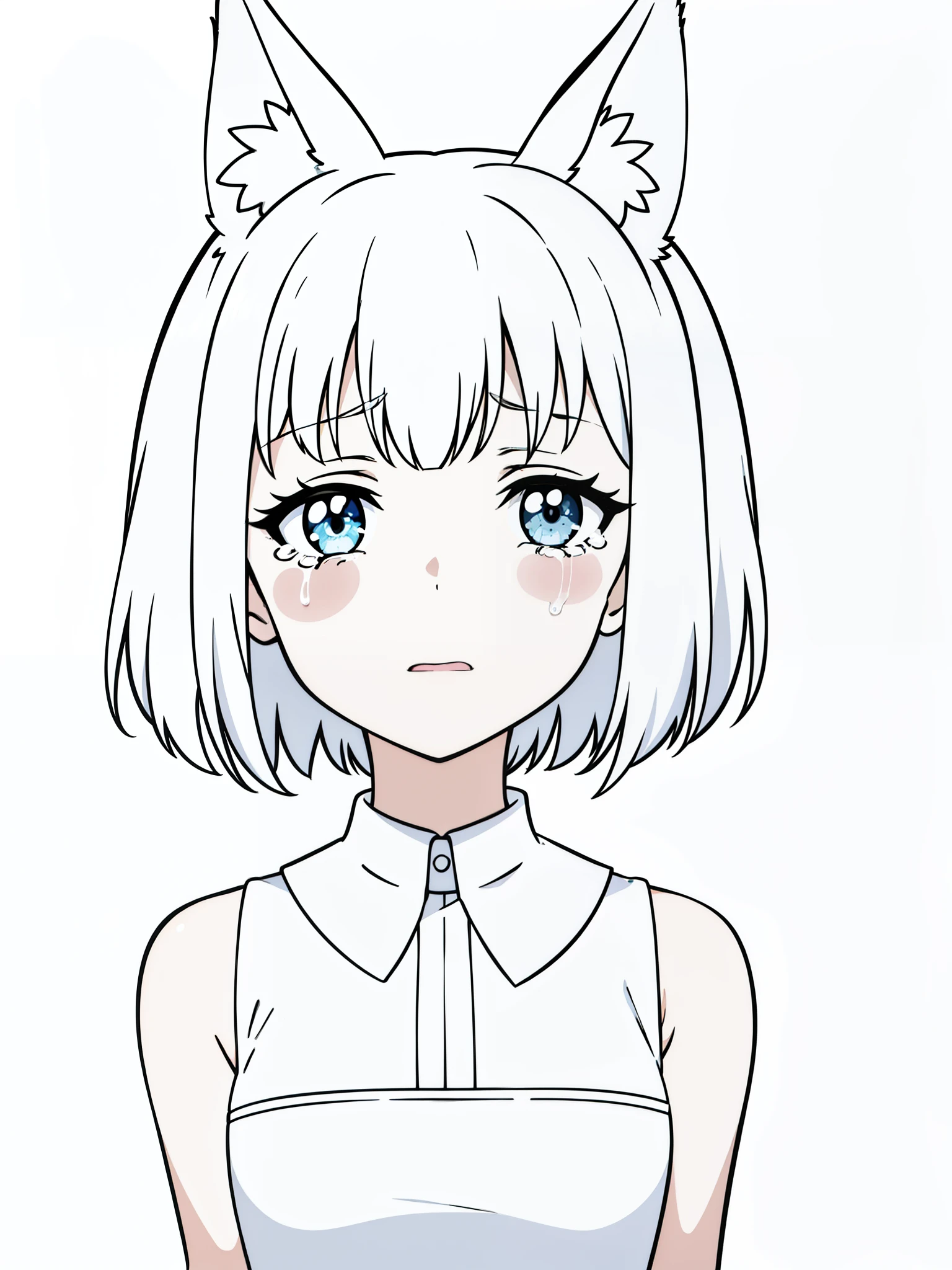(1girl,8 years old,small),solo,white hair,short hair,fox ears,white shirt,sleeveless,(white background,line drawing),separated lips,crying,portrait
