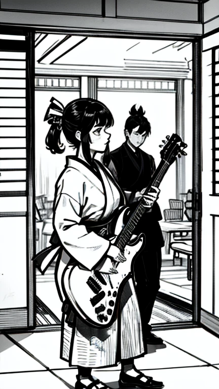 Two samurai are playing guitar