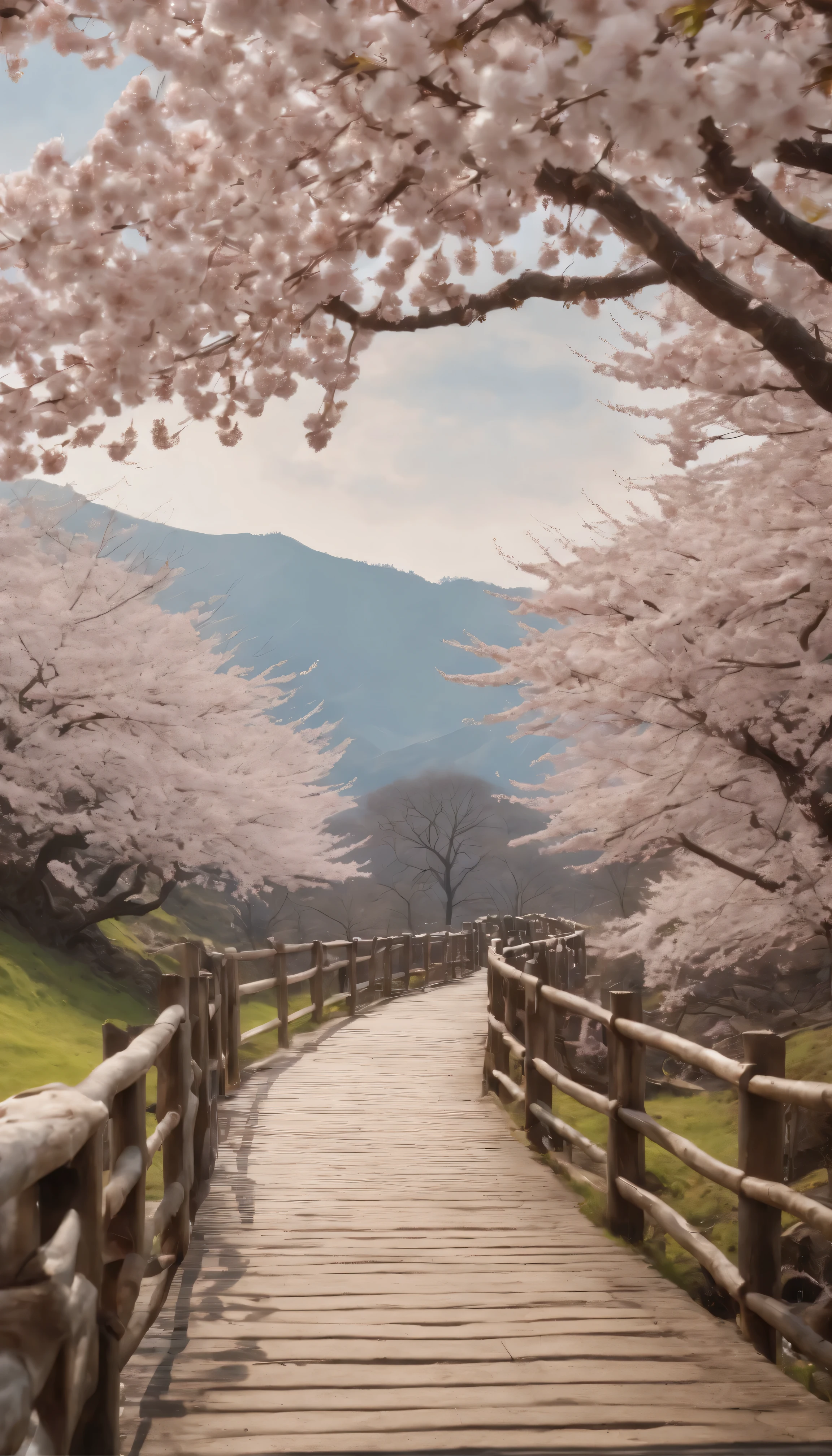 Highly detailed CG Unity 8K wallpapers displayed in realistic quality。Acclaimed Artists、Handcrafted by Guido Daniele。Trimmed with traditional lace、A woman in a kimono decorated with a garland、It depicts walking across a wooden bridge over a wet stone-brick road.。She is wearing two-toed socks and clogs.、Adds authenticity。Cherry blossom petals falling on the cherry blossom crest in a serene landscape、It creates a tranquil and picturesque atmosphere。