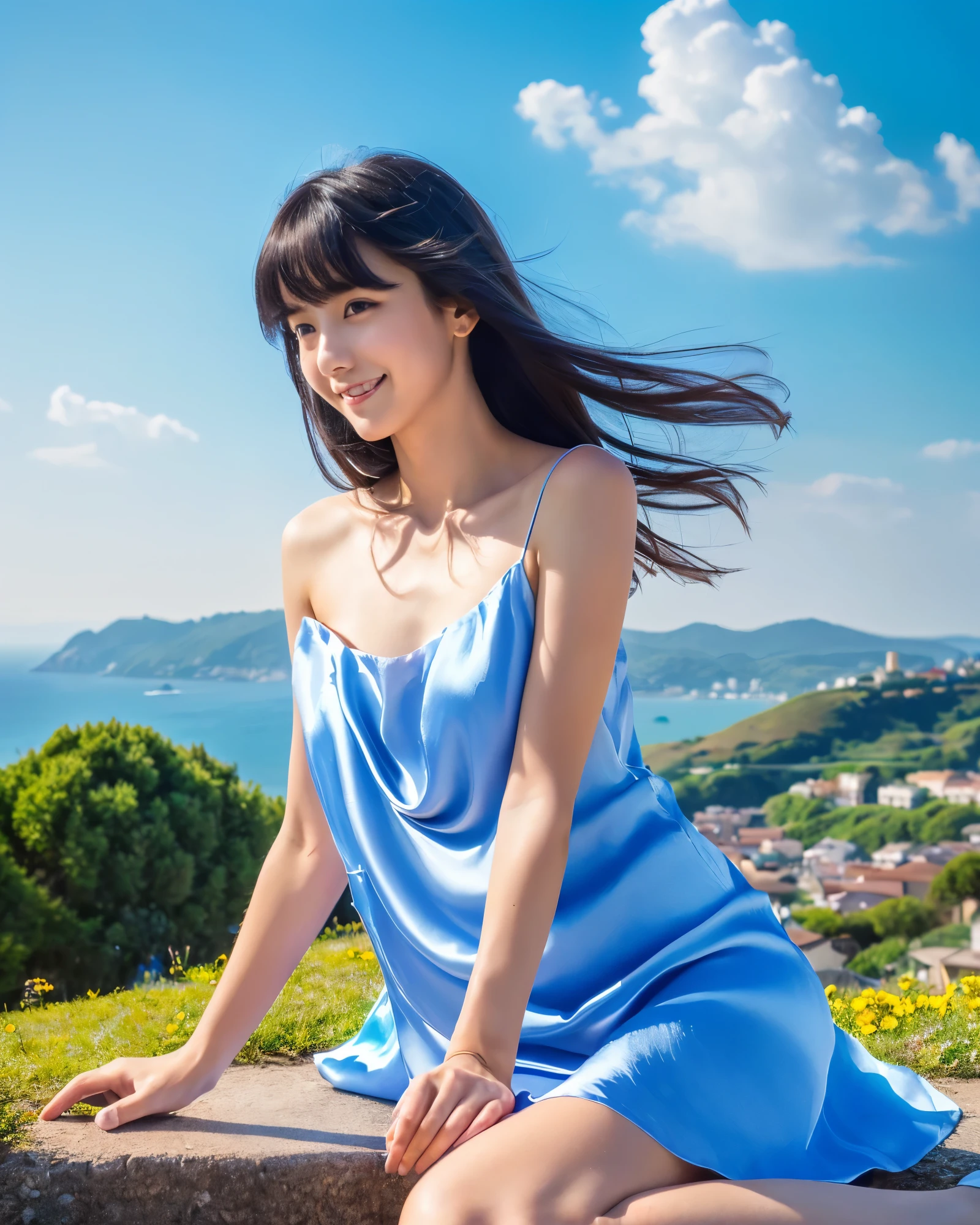 ((highest quality, 32k, High resolution, masterpiece:1.5, ), wonderful use of color, A nostalgic landscape, beautiful japanese girl, A hill overlooking the sea that stretches to the horizon, Shiny black hair with a blue glow, long hair, beautiful bangs, hair between eyes, Beautiful eyes like jewels, A clear double, pale pink lips, gentle smile, (Open-neck silk dress), off shoulder, mini skirt, sit, Detailed and perfect clavicle, High resolution beautiful bust, ((High resolution beautiful thigh absolute area)), beautiful feet, top of the hill, Colorful small flowers, soft sunlight, Blowing in the wind of fluttering hair, beautiful detailed sky, professional photographer, professional lighting, Professional models