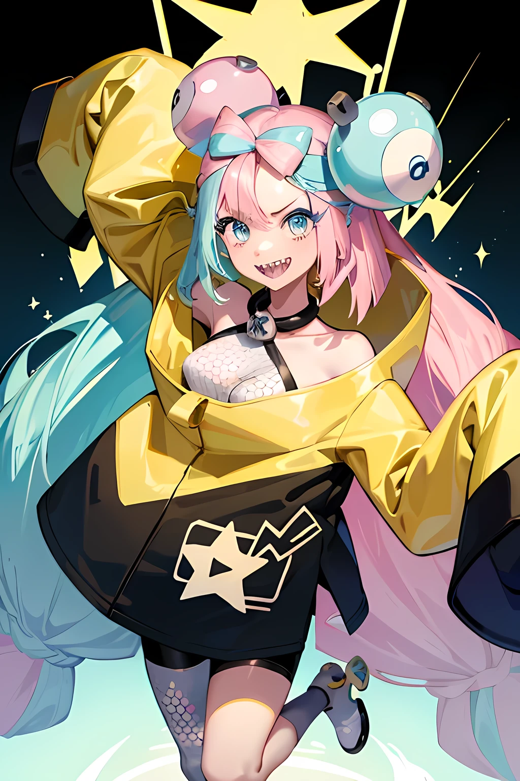 Highest quality、masterpiece、Anime Style、Pink hair and blue eyes、Yellow Jacket、Raise your right hand、Lower your left hand、Stand with only your right foot、Lift your left leg。Sharp teeth、smile、Green background