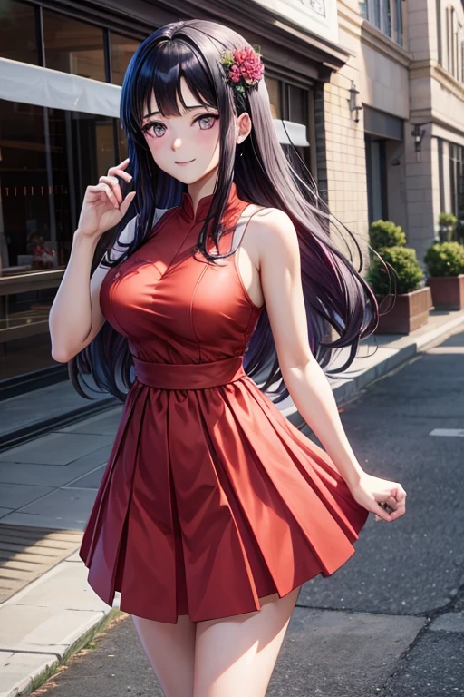 anime girl in a red bridesmaid dress standing in front of a building, hinata hyuga, hinata hyuga from naruto, purple haired girl wearing red bridesmaid dress, smooth anime cg art, anime visual of a cute girl, realistic anime 3 d style, kotegawa yui, nico robin, anime moe artstyle, marin kitagawa fanart, realistic anime artstyle