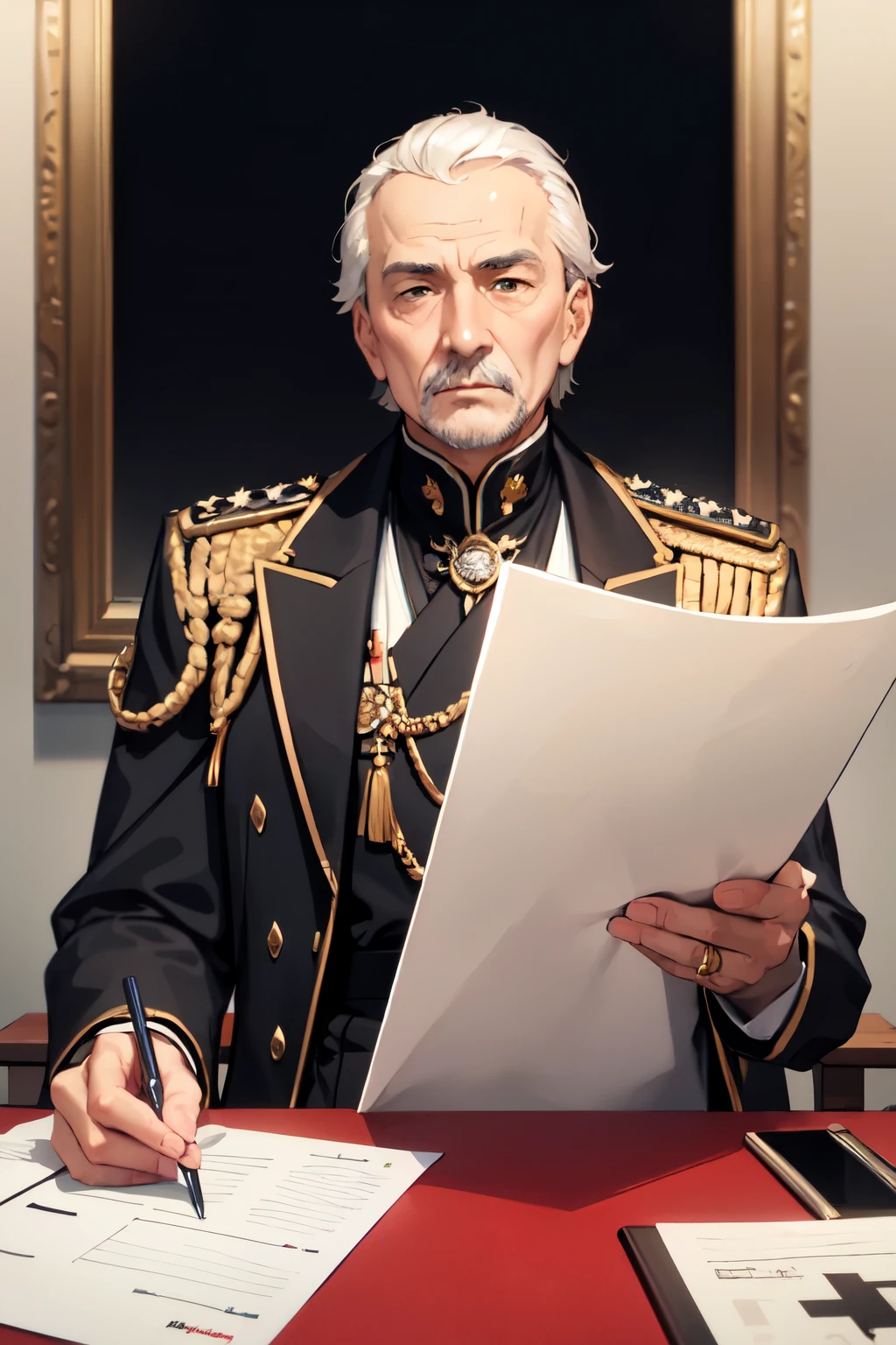 ((best quality)), ((masterpiece)), (detailed), perfect face
Emperor, , in black imperial outfit, old, in his office, planning a strategy