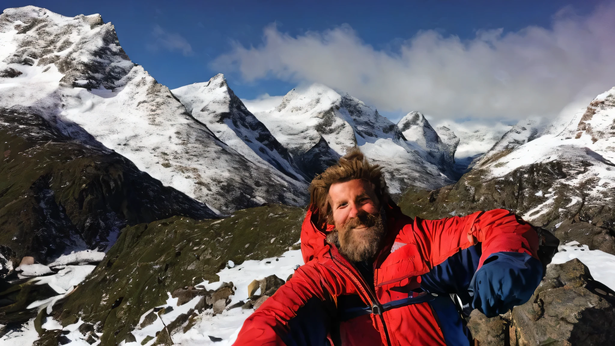 (masterpiece, high resolution, photorealistic:1.3), a proud mountaineer, standing with (hands on hips:1.2) in a (heroic pose:1.3) at the summit of a rugged mountain, his (expression of triumph:1.2) reflecting the culmination of his arduous journey, dressed in (high-performance climbing gear:1.2) with a (bright red jacket:1.2) and (sturdy boots:1.1), the (snow-capped peaks:1.2) and (dramatic clouds:1.2) forming a breathtaking backdrop, his (windswept hair:1.1) and (weathered face:1.1) adding to the sense of achievement, the (sunrise casting a golden glow:1.2) over the landscape, capturing the (spirit of adventure and resilience:1.3) in this moment of victory. [Quality tags: masterpiece, high resolution, photorealistic] [Subject tags: proud mountaineer, hands on hips, heroic pose, expression of triumph, high-performance climbing gear, bright red jacket, sturdy boots] [Medium tags: snow-capped peaks, dramatic clouds, windswept hair, weathered face] [Background environment tags: rugged mountain summit, breathtaking backdrop] [Color tags: bright red, golden glow] [Atmospheric tags: sunrise, golden light] [Emotional tags: spirit of adventure, resilience, victory] [Composition tags: summit of mountain, heroic pose, triumphant expression]