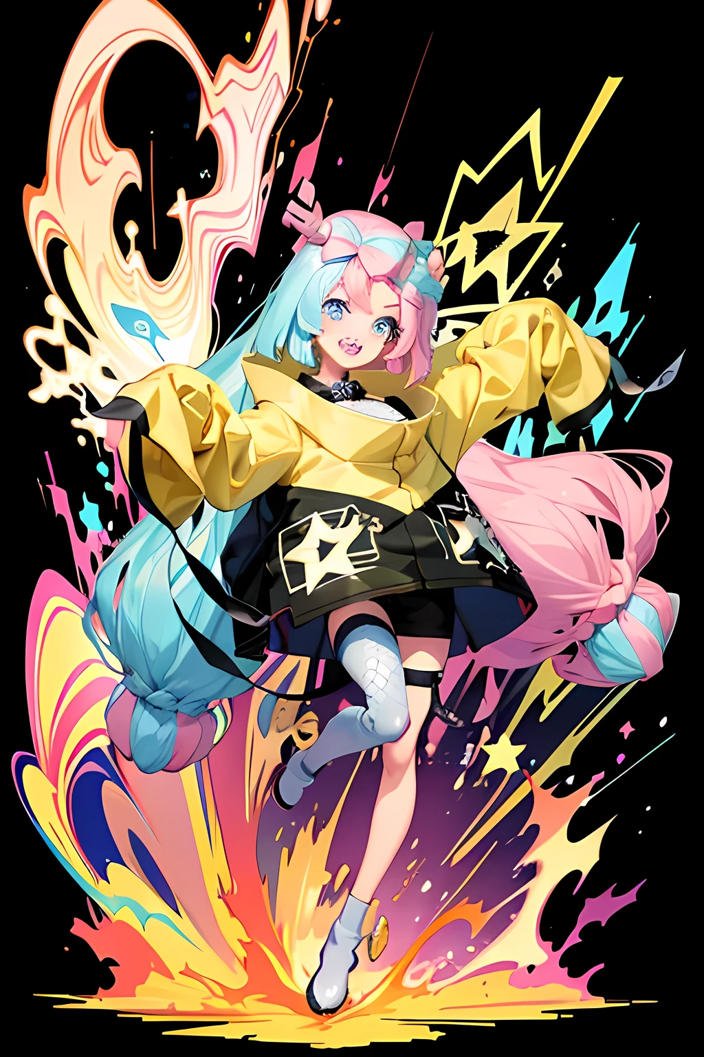 Highest quality、masterpiece、Anime Style、Pink hair and blue eyes、Yellow Jacket、Please raise your right hand、Lower your left hand、Stand only on your right foot、Raise your left leg。Sharp teeth、smile、White Background,Nanjamo