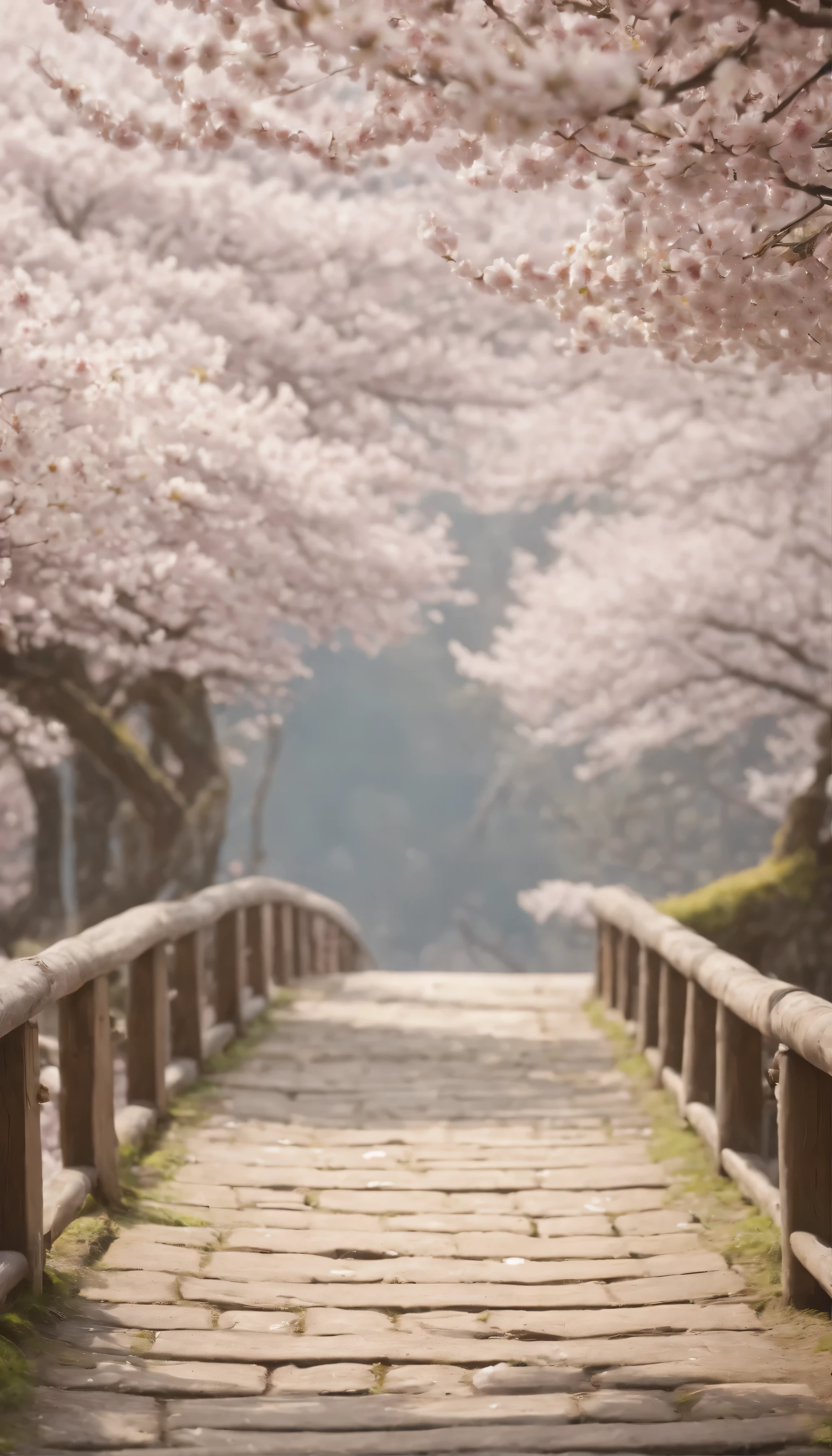 Highly detailed CG Unity 8K wallpapers displayed in realistic quality。Acclaimed Artists、Handcrafted by Guido Daniele。Trimmed with traditional lace、A woman in a kimono decorated with a garland、It depicts walking across a wooden bridge over a wet stone-brick road.。She is wearing two-toed socks and clogs.、Adds authenticity。Cherry blossom petals falling on the cherry blossom crest in a serene landscape、It creates a tranquil and picturesque atmosphere。