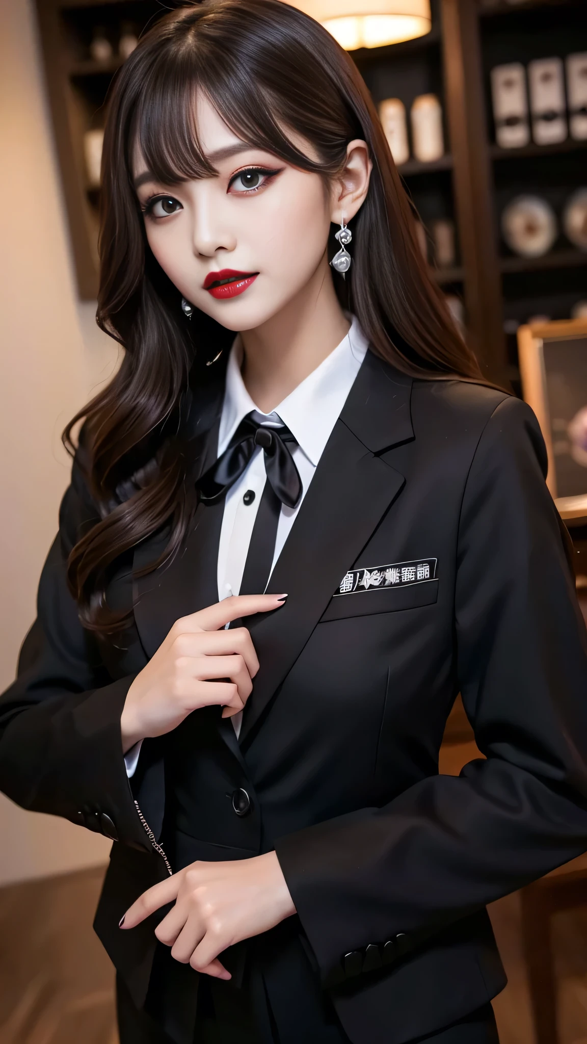 best quality、ultra-detailed、4k、Japanese、Seductive beauty、seductive adult woman、Pretty Woman、cool girl、Villainess、Brainwashed、brainwash、Fallen into evil、smirk、Evil look、Wicked Smile、evil、Brown hair、wavy hair、swept bangs、dark makeup、dark makeup、piercing eyes、hollow eyes,half-closed eyes、Hollow Eyes、purple Eyeshadow、black lipstick、black lipglos、office staff suit、suit、Jacket、Black sleeves、White Shirt、Black Ribbon、Tight Skirt、pantyhose、night、inside darkroom、Are standing、shoot from below、Have lipstick、Emblem of Evil、Crest of Darkness、Swear allegiance、I have pledged my allegiance、Dye black、Blackening、Stained with evil、Dyed in darkness、Seduce