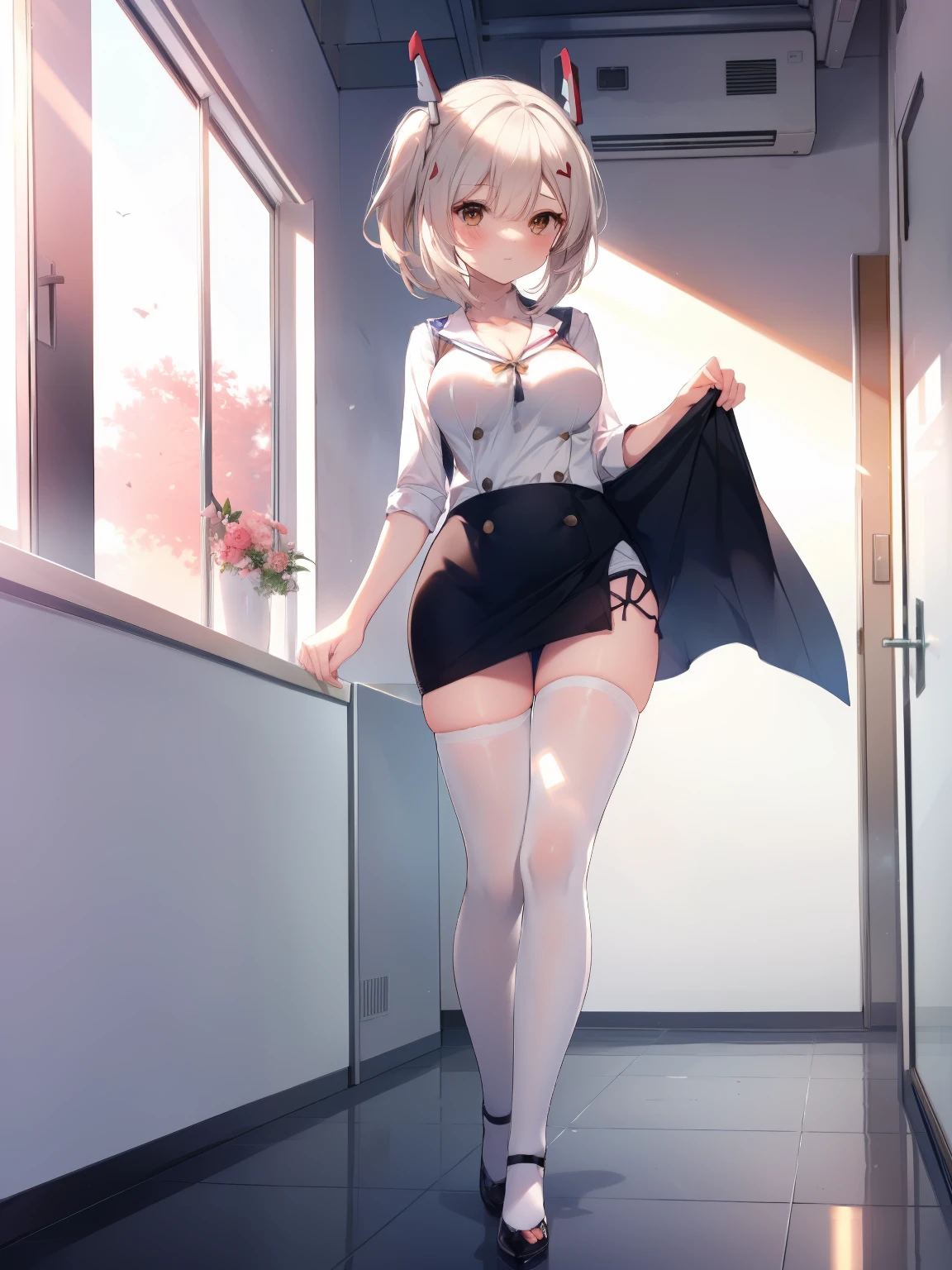 highest quality, Flying debris、Azur Lane Ayanami、Beautiful woman、officeレディー、Black Hair、(Brown eyes、Big Breasts)、short hair、チェック柄のダークブルーのofficeスーツ)、new employee,Full Body Shot、Female office lady、break(Dark blue checked vest、White dress shirt、Navy blue mini tight pencil skirt:1.2)、(Black knee-high、Absolute area、High heels)、break(office:1.3)、Cleavage、Unbutton your shirt、blush、Embarrassed、Troubled face、The skirt is torn、Lift up the skirt、Standing posture