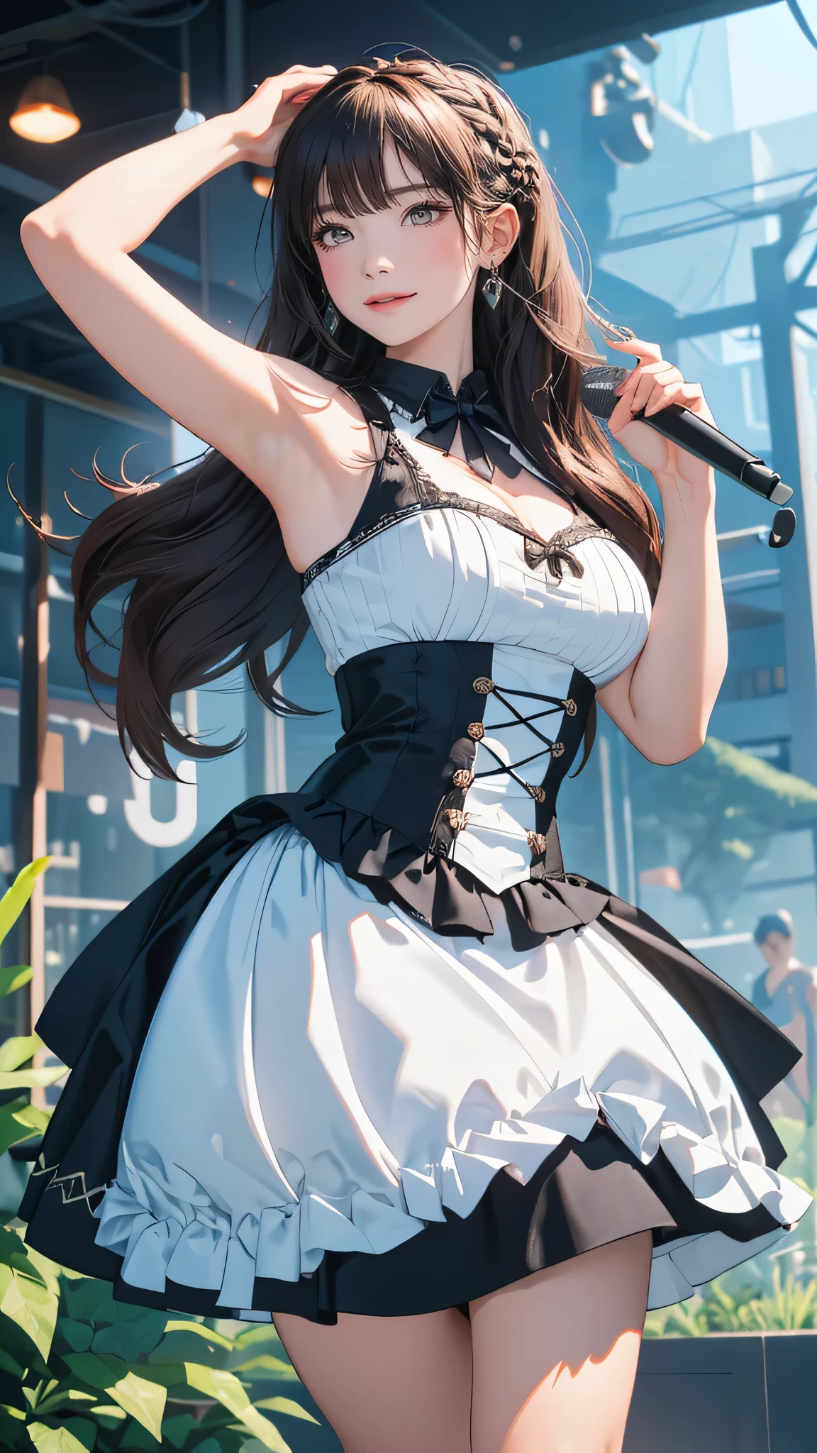 random Idol costume,(sing:1.2),(Random Pose),(Thin type),(large breasts),(random hairstyle),(Highest image quality, (8K), Ultra-realistic, Best Quality, High quality, High Definition, high quality texture, high detailing, Beautiful detailed, fine detailed, extremely details CG, Detailed texture, realistic representation of face, masterpiece, presence)
