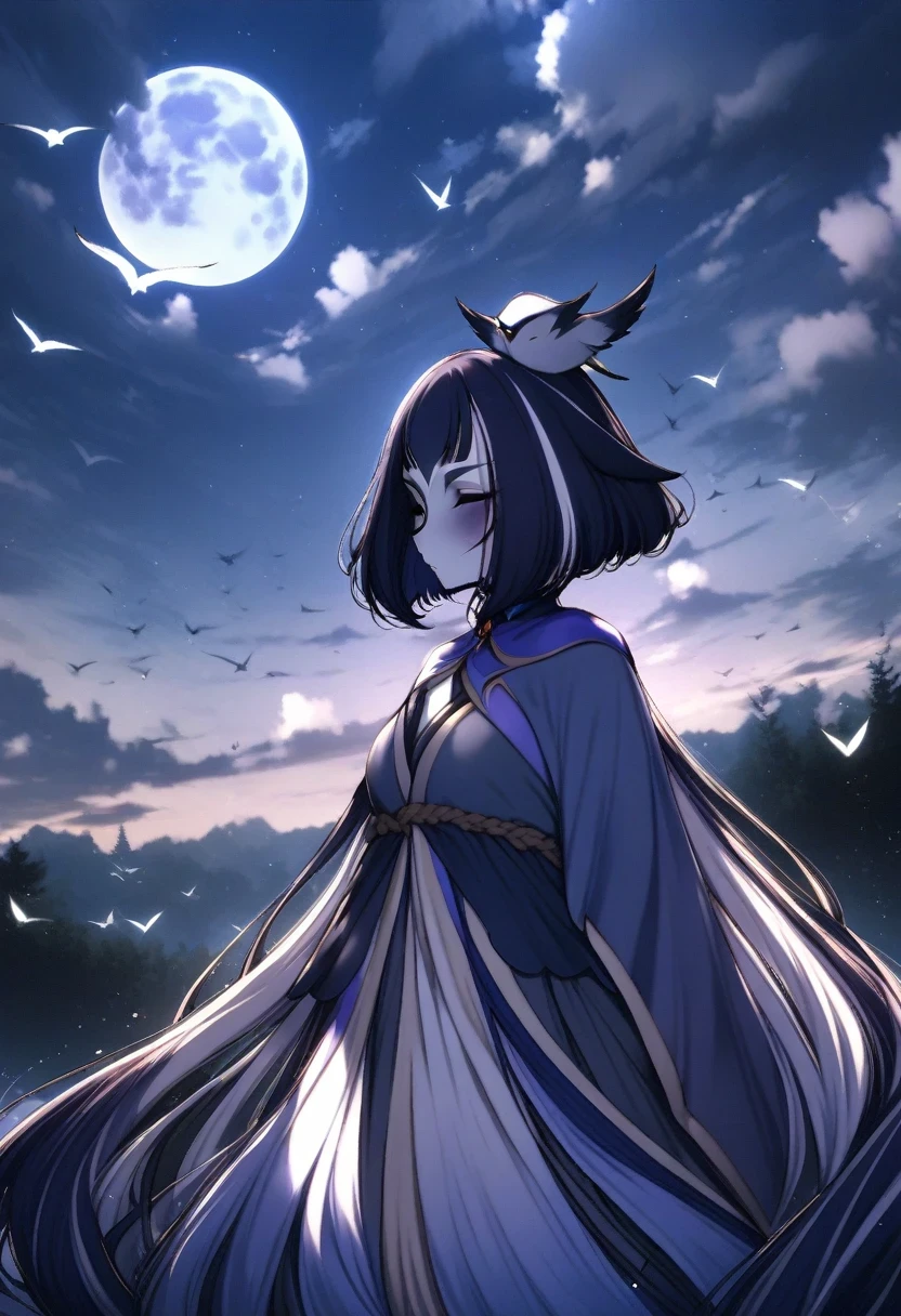 (shylily/(Twich/):1.5),(masterpiece:1.2),(best quality:1.2),32k, , cloud, witch_have, have, 1 girl, Invalid, ,sky, length_hair, cloudy_Invalid, moon,bird, Solitary, witch, outdoor,