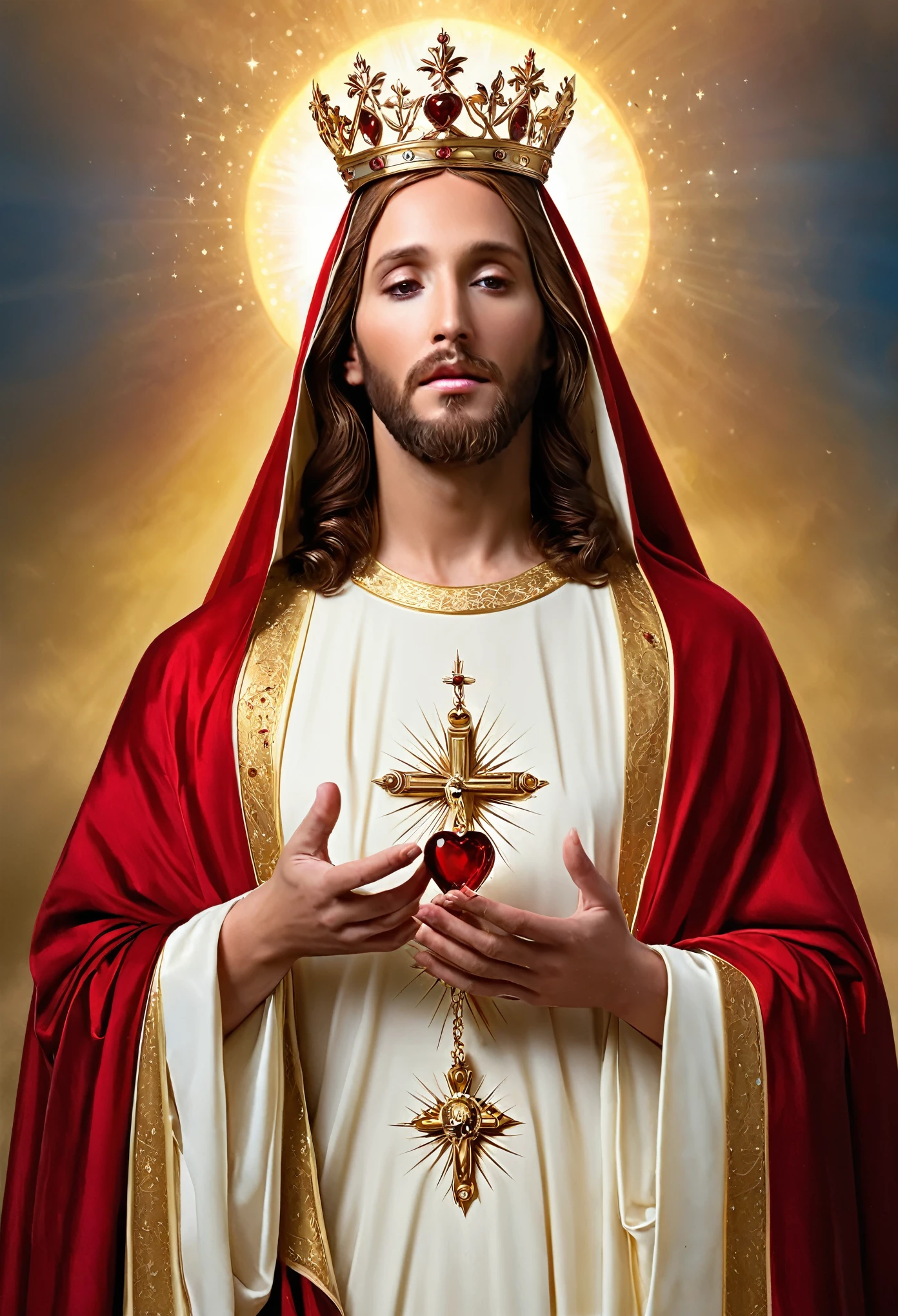 Draw a Image The image is a solemn and digital artwork depiction of Jesus Christ and Mary, portrayed in a majestic and divine manner. Jesus, positioned on the left side of the image, is depicted wearing a reddish robe complemented with a golden crown of Red rudy, and he appears slightly taller than Mary. He has a red beard, and his hands, placed below his chin, are cupped as if holding something. Mother Mary, on the right side of the image,is depicted in a similar divine and regal fashion, adorned with a red veil, a golden crown of Red Ruby , and a red cape. Both Jesus and Mary have their hands in contact towards the Eternal Father , each holding a red glowing object, presumed to be rubies, symbolizing love and peace. They are looking intently forward, with calm and serene eyes full of love and hope. Their beautifully eyes focusing on the front, Divine Heart of Jesus and Mother Mary, Their apparel and crowns are further embellished with gold glitter, adding to the majestic portrayal. The backdrop consists of a misty golden sky with subtle blue rays of light, enhancing the solemn and sacred atmosphere of the scene. Overall, the image captures a moment of divine presence, with both Jesus and Mary presented as supreme and guiding figures.