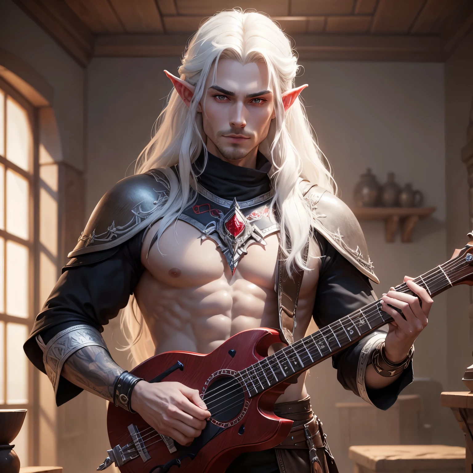 8k, masterpiece, best quality, realistic, higly detailed, cowboy shot, 1boy, male, solo, Gabriel Laurent, freanch features, dnd, d&d, dungeons and dragons, dungeons & dragons, rpg, ttrp, elf, bard, lute, wiry and athletic body, chiseled and attractive face, attractive look, alluring appearance, 5′0″ft., 120lbs., dark grey skin, white teeth, red gum, red tongue, red throat, bright red eyes, stark white long hair, decorated with pins and web hair, drow, dark elf, dark grey skin, bard, lute, 