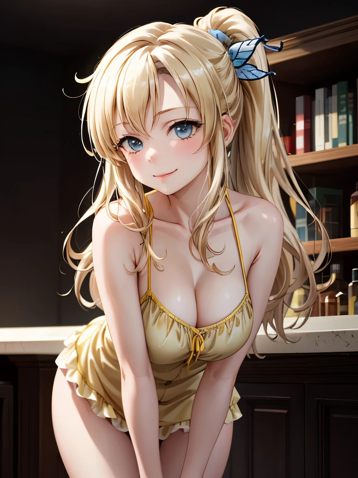 masterpiece, highest quality, High resolution, acid, Long Hair, hair ornaments,highest quality, High resolution, unity 8k wallpaper, Closed Mouth、smile、 (Beautiful details:1.6), Highly detailed face, Perfect lighting, Extremely detailed CG, (Perfect hands, Perfect Anatomy),camisole、Beautiful Hair、ponytail、Cowboy Shot、Leaning forward、