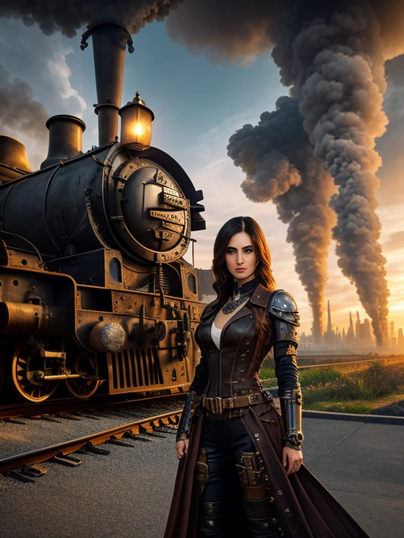 Monica Bellucci, a slender girl in a tight Genuine leather suit,weapons in hands,leather armor,weapon in a holster on the belt? steampunk, against the backdrop of a steam locomotive, (best quality, 4k, highres, masterpiece:1.2), ultra-detailed, (realistic, photorealistic, photo-realistic:1.37), dark and mysterious atmosphere, intense shadow and light contrast, vibrant colors, metallic textures, intricate gears and mechanical components, smoke and steam rising from the locomotive, confident and determined expression on her face, a hint of adventure in her gaze, detailed wrinkles and creases on her clothes, rugged and worn leather, a combination of Victorian fashion and futuristic elements, industrial landscape with rusty metal structures, sparks flying from machinery, dense cityscape in the background, towering skyscrapers and intricate bridges, a sense of movement and energy in the air, a surreal blend of past and future, a captivating and enigmatic scene.