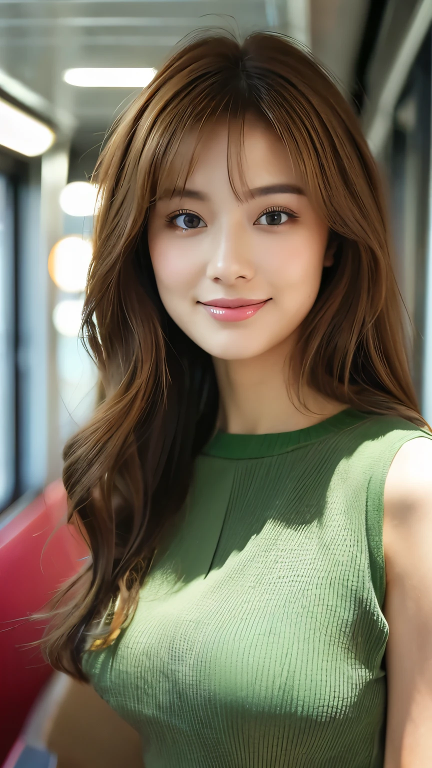 A woman wearing a matcha green blouse、Upper Body