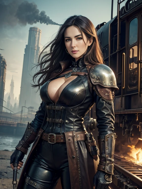 Monica Bellucci, a slender girl in a tight Genuine leather suit,weapons in hands,leather armor,weapon in a holster on the belt? steampunk, against the backdrop of a steam locomotive, (best quality, 4k, highres, masterpiece:1.2), ultra-detailed, (realistic, photorealistic, photo-realistic:1.37), dark and mysterious atmosphere, intense shadow and light contrast, vibrant colors, metallic textures, intricate gears and mechanical components, smoke and steam rising from the locomotive, confident and determined expression on her face, a hint of adventure in her gaze, detailed wrinkles and creases on her clothes, rugged and worn leather, a combination of Victorian fashion and futuristic elements, industrial landscape with rusty metal structures, sparks flying from machinery, dense cityscape in the background, towering skyscrapers and intricate bridges, a sense of movement and energy in the air, a surreal blend of past and future, a captivating and enigmatic scene.