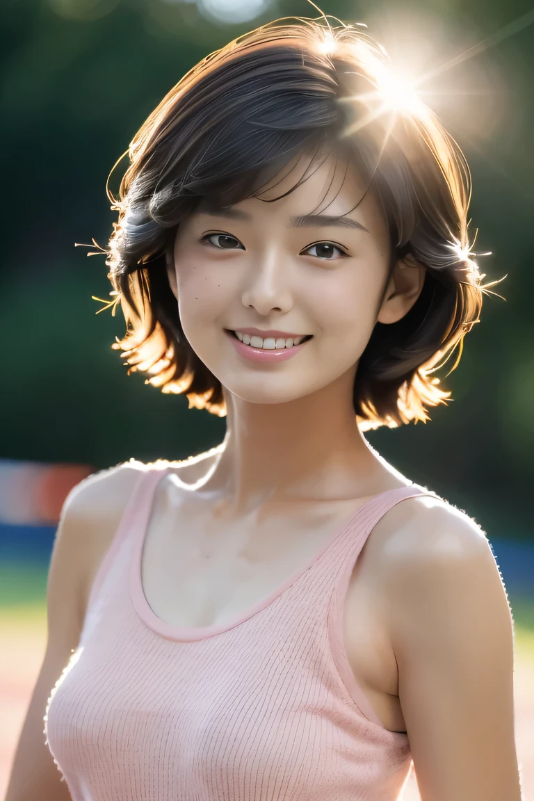 ((masterpiece, Highest Quality, super definition, High resolution)), sony a7, Film grain, a dark night, Photorealistic, one-point perspective, diffuse reflection, colorful shiny particles, Lens Flare, Soft lighting, ((1 beautiful woman of Japan, 22 years old), ((body shot:1.5)), Looking back, Seductive smile, dark brown hair, (tanktop red_pink Uniform:1.3), hyperdetailed face, Detailed eyes, Detailed Lips, Small breasts:1.2, BREAK Tennis court, Spectators get excited, , innocent smile, High quality, 4K, short hair, Do not emphasize the top of the bust,