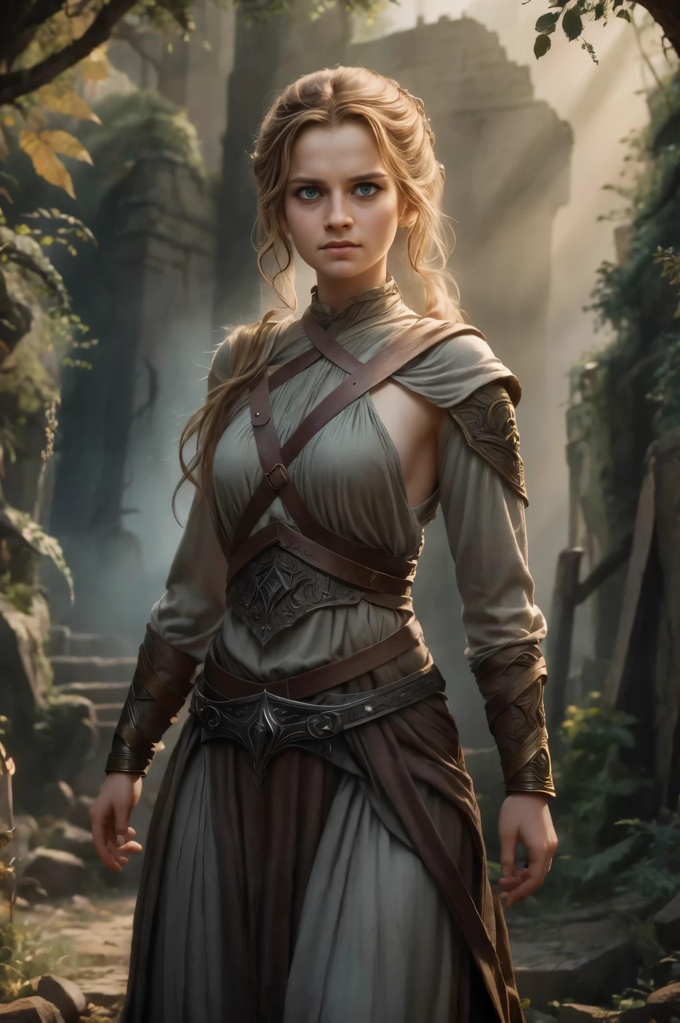 best quality, (wide shot), CGSsociety, 8K, ultra-realistic, masterpiece,Highly detailed warrior girl image inspired by the film "The Lord of the Rings", gothic style