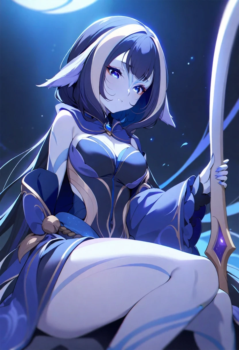 (shylily/(Twich/):1.5),(masterpiece:1.2),(best quality:1.2),, expressive eyes, Perfect face, Vampire Girl,, Noble birth,chieftain, She has very white skin, Wearing a black robe with stripes and a long collar, In her hand she holds a death scythe that exudes dark magic., whole body, Dynamic poses, , Dark Fantasy, Long and beautiful nose, Cold expression,