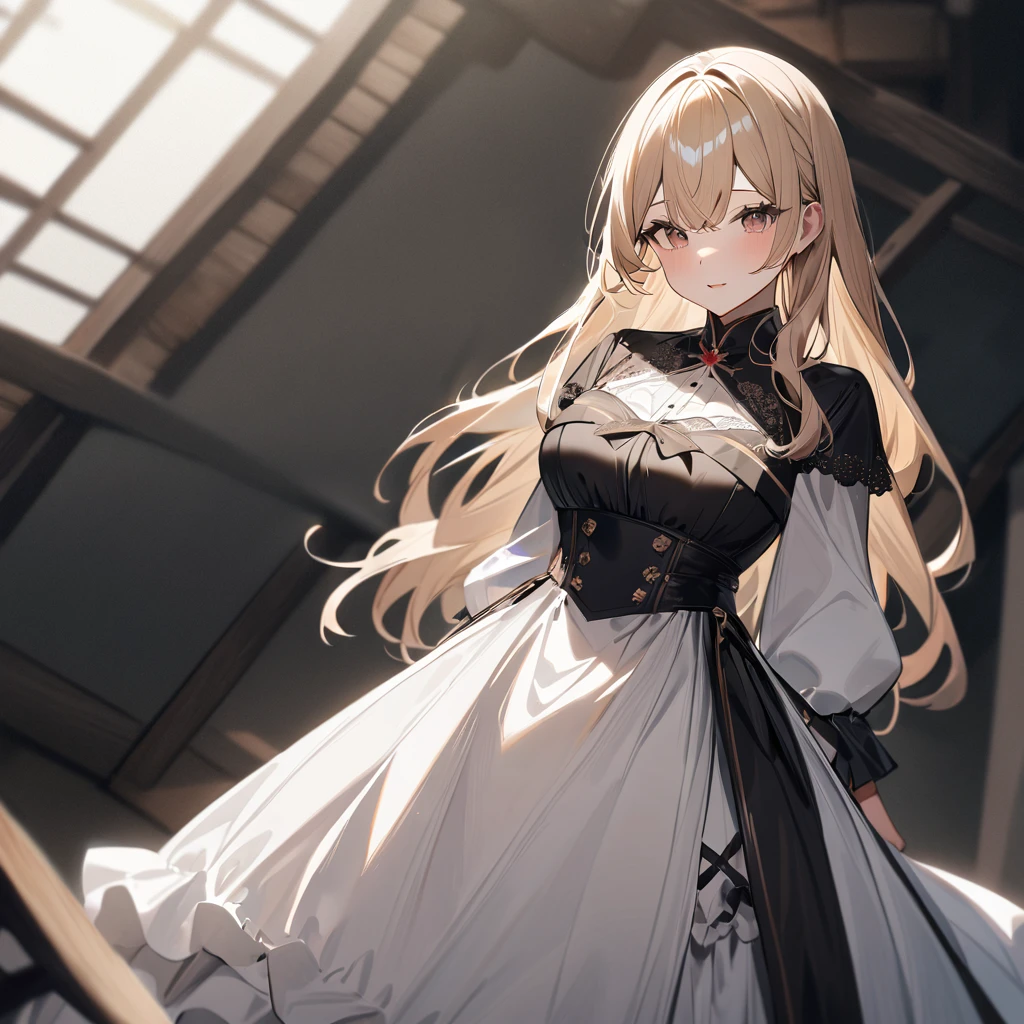 1 girl,best quality, very aesthetic, absurdres,looking at viewer,front view,Lovely lady,high-grade,layer,westfrill,light hair,multilayer,black,trim,(side-Crisscross:1.5),breasts