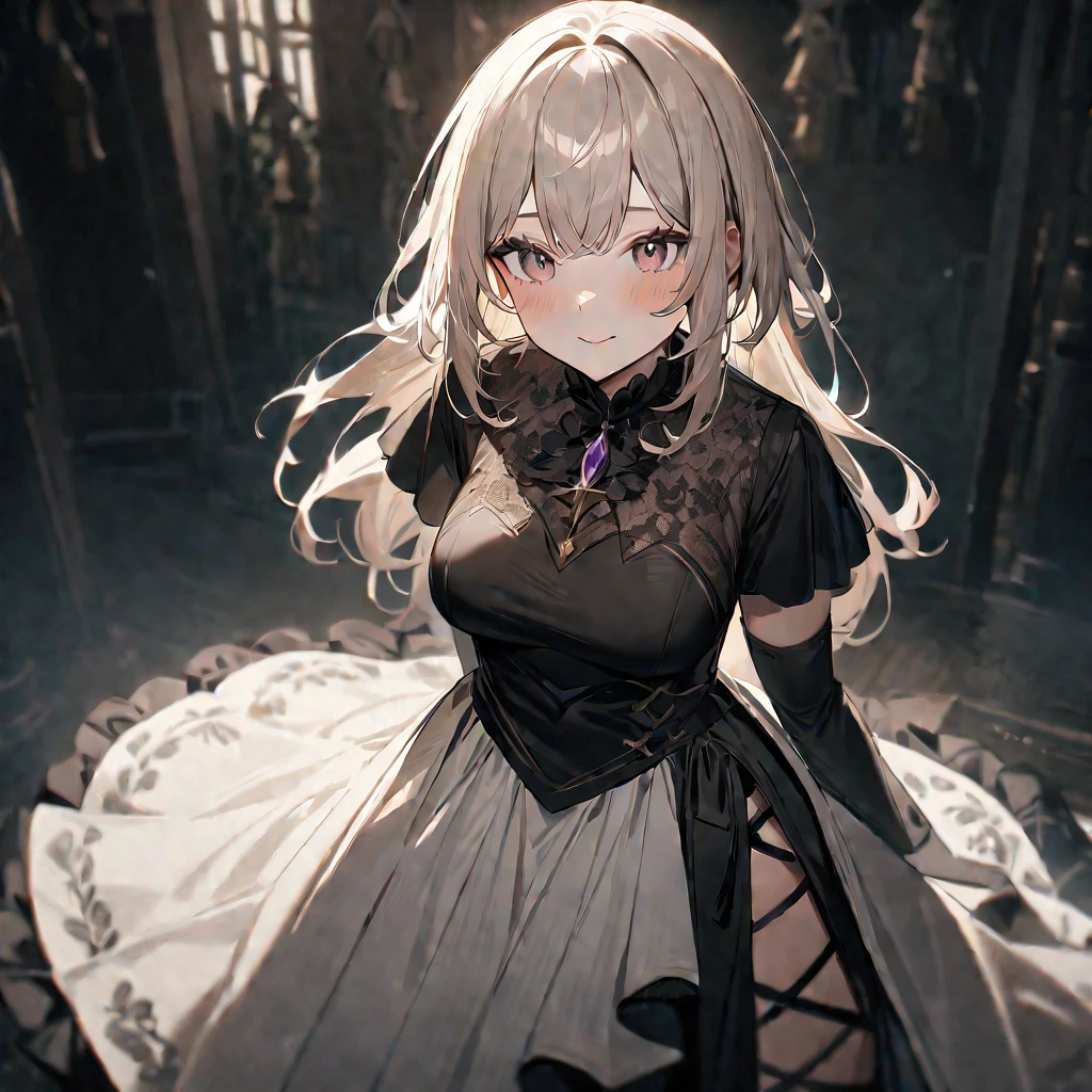 1 girl,best quality, very aesthetic, absurdres,looking at viewer,front view,Lovely lady,high-grade,layer,westfrill,light hair,multilayer,black,trim,(side-Crisscross:1.5),breasts