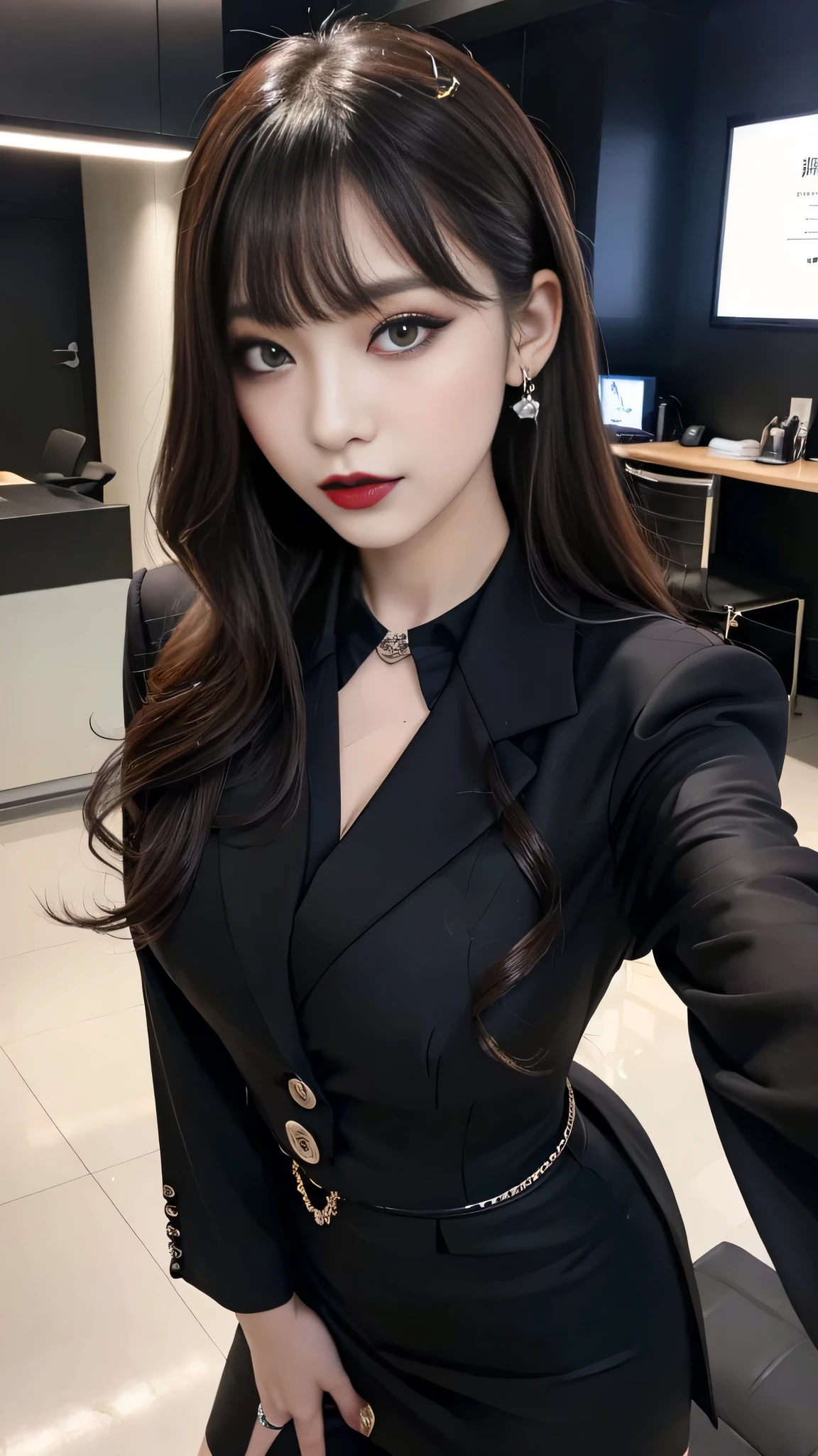 best quality、ultra-detailed、4k、Japanese、Seductive beauty、seductive adult woman、Pretty Woman、cool girl、Villainess、Brainwashed、brainwash、Fallen into evil、smirk、Evil look、Wicked Smile、evil、Brown hair、wavy hair、swept bangs、dark makeup、dark makeup、piercing eyes、hollow eyes,half-closed eyes、Hollow Eyes、purple Eyeshadow、black lipstick、black lipglos、office staff suit、suit、Jacket、Black sleeves、White Shirt、Black Ribbon、Tight Skirt、pantyhose、night、inside darkroom、Are standing、shoot from below、Have lipstick、Emblem of Evil、Crest of Darkness、Swear allegiance、I have pledged my allegiance、Dye black、Blackening、Stained with evil、Dyed in darkness、Seduce