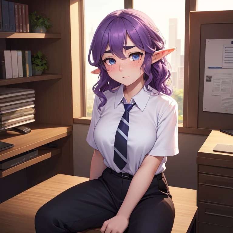 (Solo:1.2), 1girl, 25 years old, very attractive, elf, purple hair (wavy medium haircut:1.3), freckles, thick eyebrows, (wearing white short sleeve shirt:1.3), (wearing red striped tie:1.2), (black work trousers:1.3), blushing, natural beauty, large breasts, small waist, wide hips, worried expression, beautiful eyes, sitting in cubicle, office, (masterpiece, high resolution, ultra detailed eyes, ultra realistic, beautiful lighting, 4K, 8k, highly detailed)