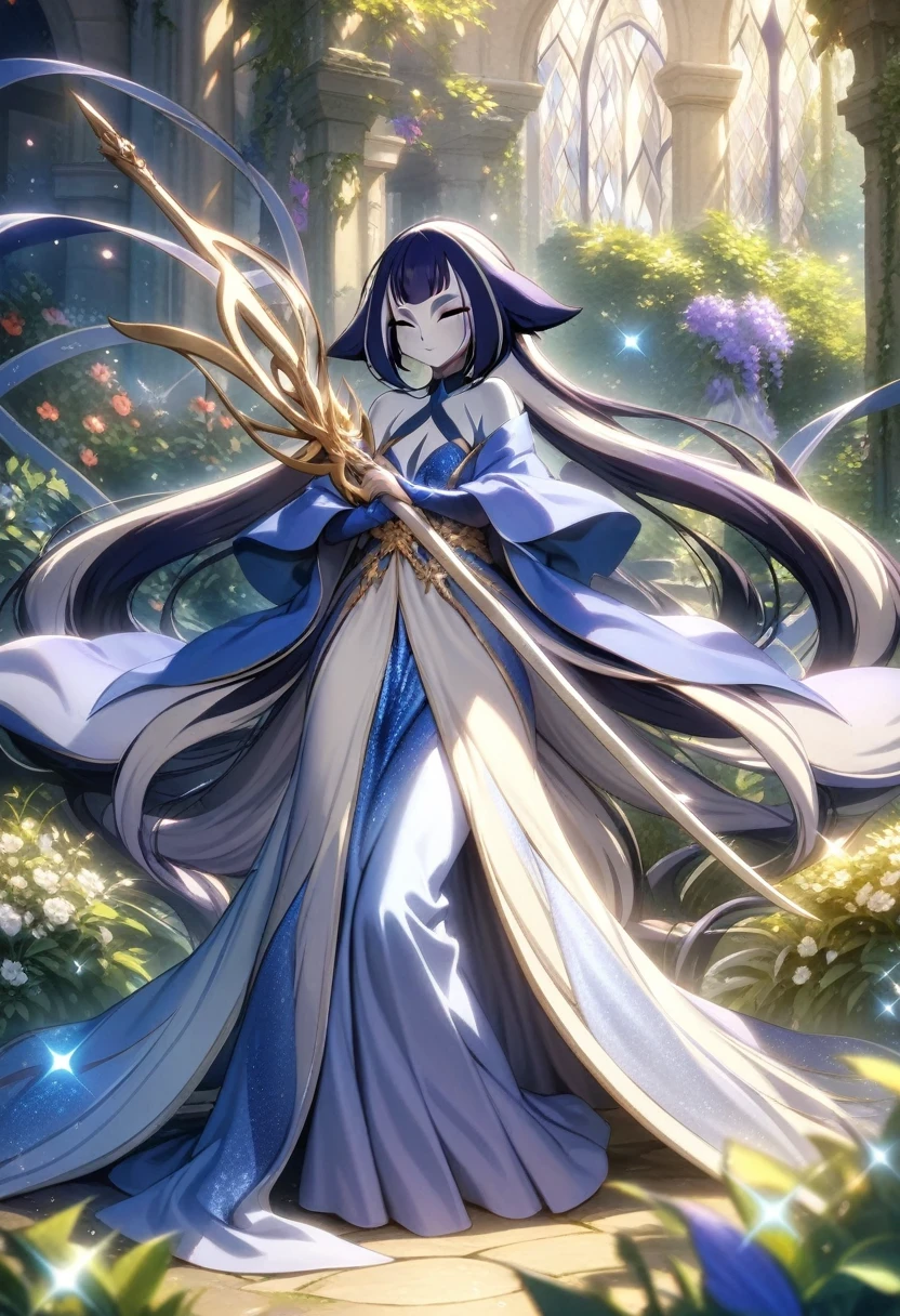 (shylily/(Twich/):1.5),(masterpiece:1.2),(best quality:1.2),Official Art, European masterpieces,,  Garden,,(Elegant sparkly dress),Lots of ribbons)),Offering a sword with both hands