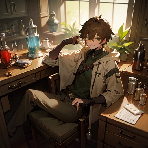 Green Eyes,Grin,(Brown fingerless gloves,Oversized white hoodie,black khaki pants),Medicinal herbs on a plate,A beaker of blue liquid and a vial of on a dirty desk,I have a flask filled with red liquid,He looks down at the flask in his hand.
