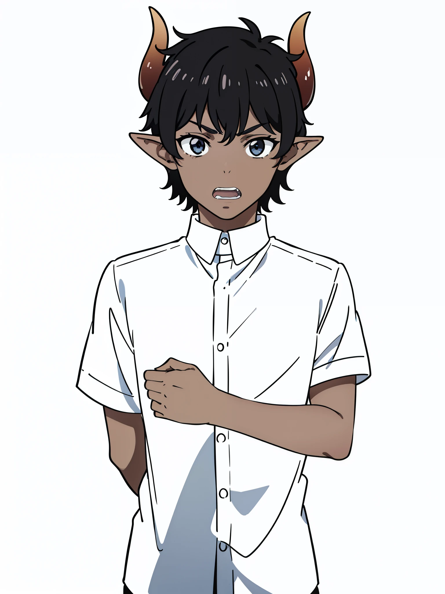 (1boy,8 years old,solo),((dark skin)),white shirt,short sleeves,Short hair,black hair,elf ears,(horns),(white background,line drawing),open mouth,scared,portrait
