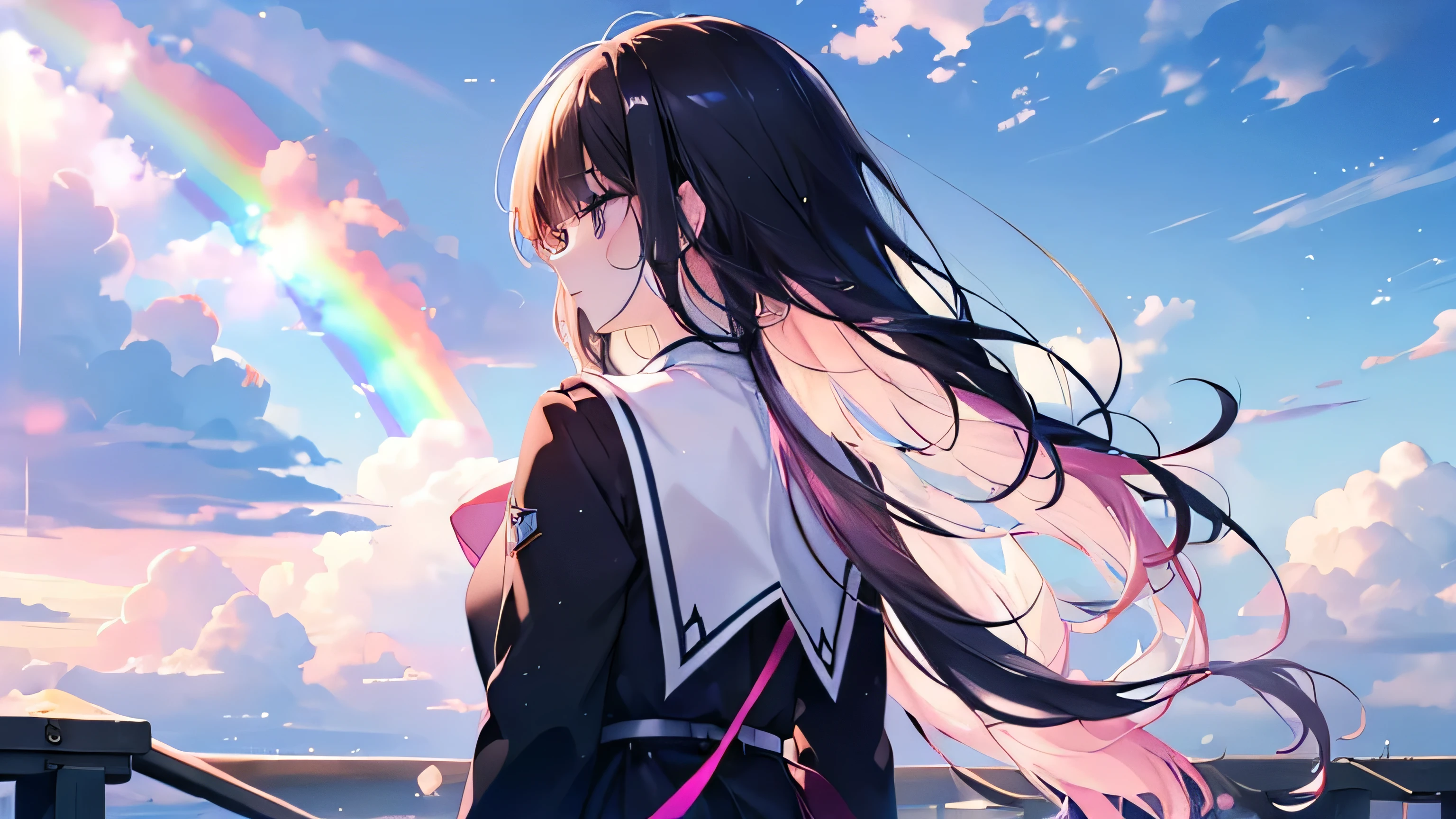 ((high school girl)), ((uniform)), (Highest quality、masterpiece、Super fine、Super fine、Exquisite、16k、Full HD) 、((Back view)) 、 ((Sky after rain、a rainbow appears)),Black Hair,Soft sunlight、((Clear skies)) 、Black Eyes、Long eyelashes、White skin、Pale pink lips、(Pale pink cheeks、thin and long)、