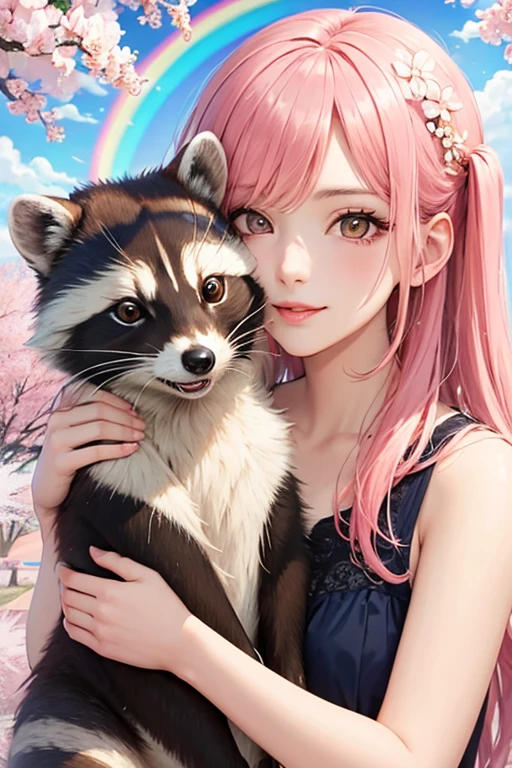 ((best quality)),(detailed), perfect face, pink hair, girl with racoon in her arms, rainbow, cherry blossom, raytraces, candy
