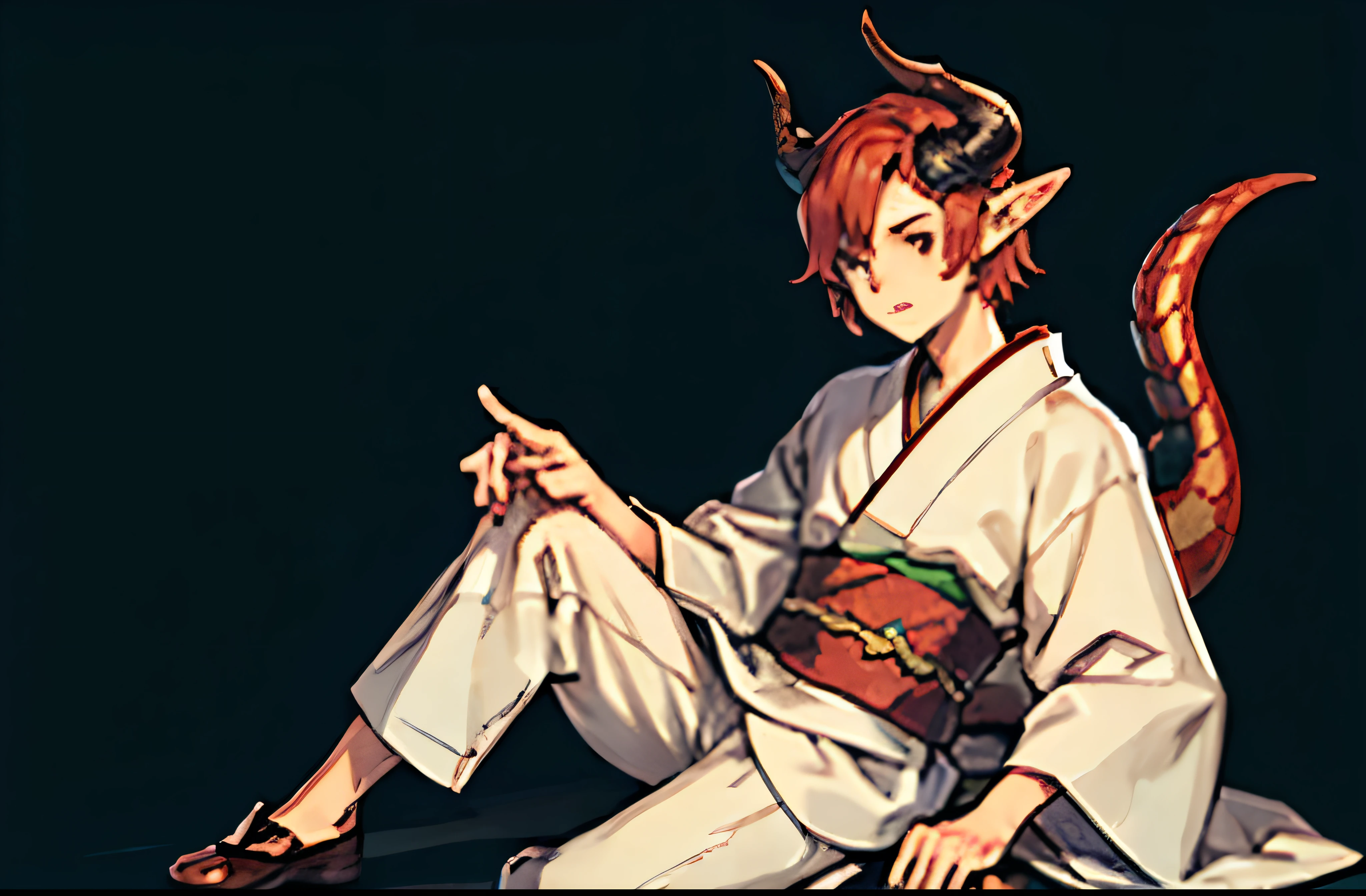 One (((male))) femboy with dragon horns and tail red hair and elf ears with brown eyes in kimono