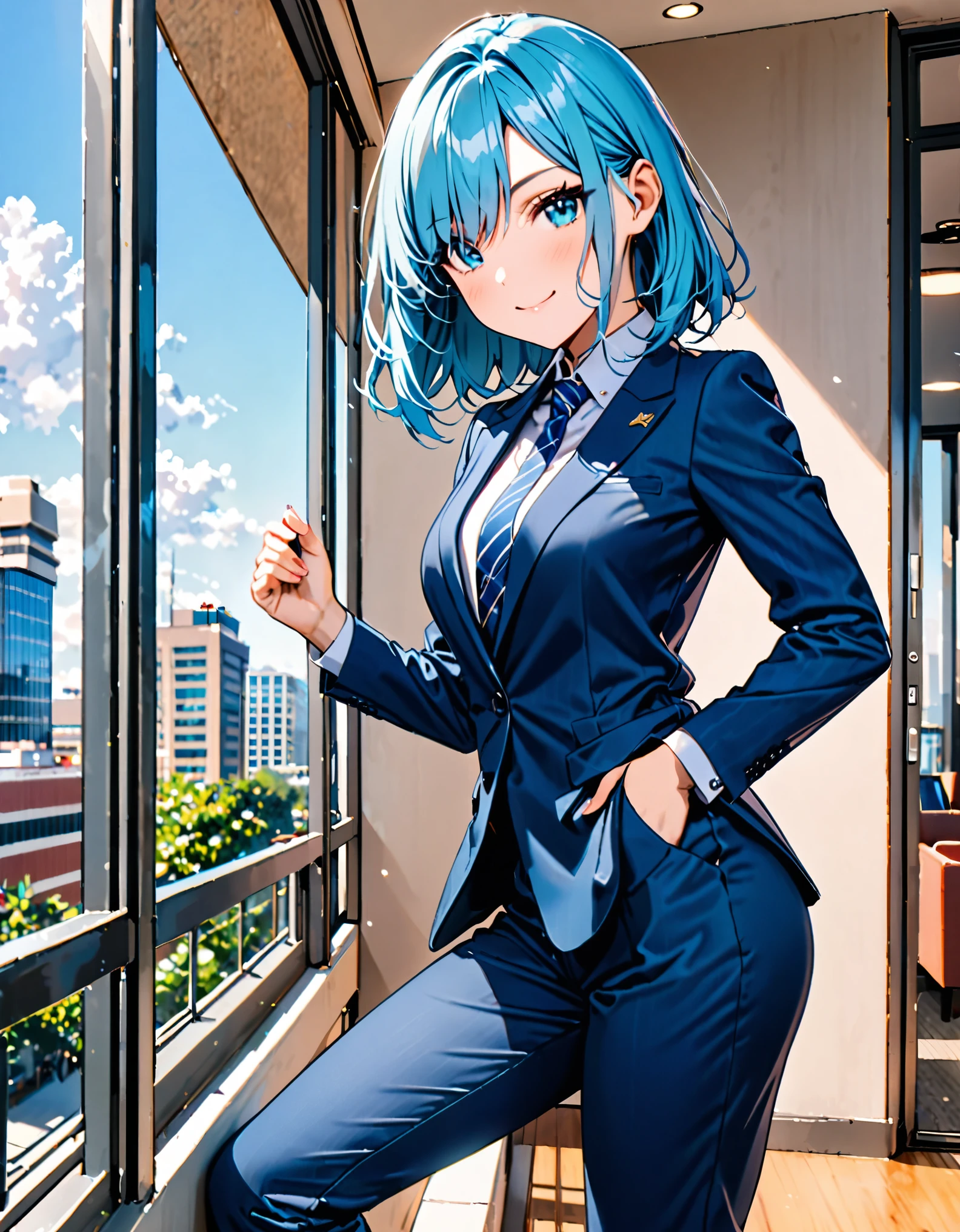 best quality, masterpiece, 1lady, incredibly absurdres, extremely detailed, delicate texture, 1girl, solo, solo focus, intelligent beauty, medium hair, medium hair, (armpit-length hair, blue hair), aquamarine eyes, hair over one eye, wearing blue suit and tie, long sleeves, pants, shoes, playful, cute smile, closed mouth, outside office balcony