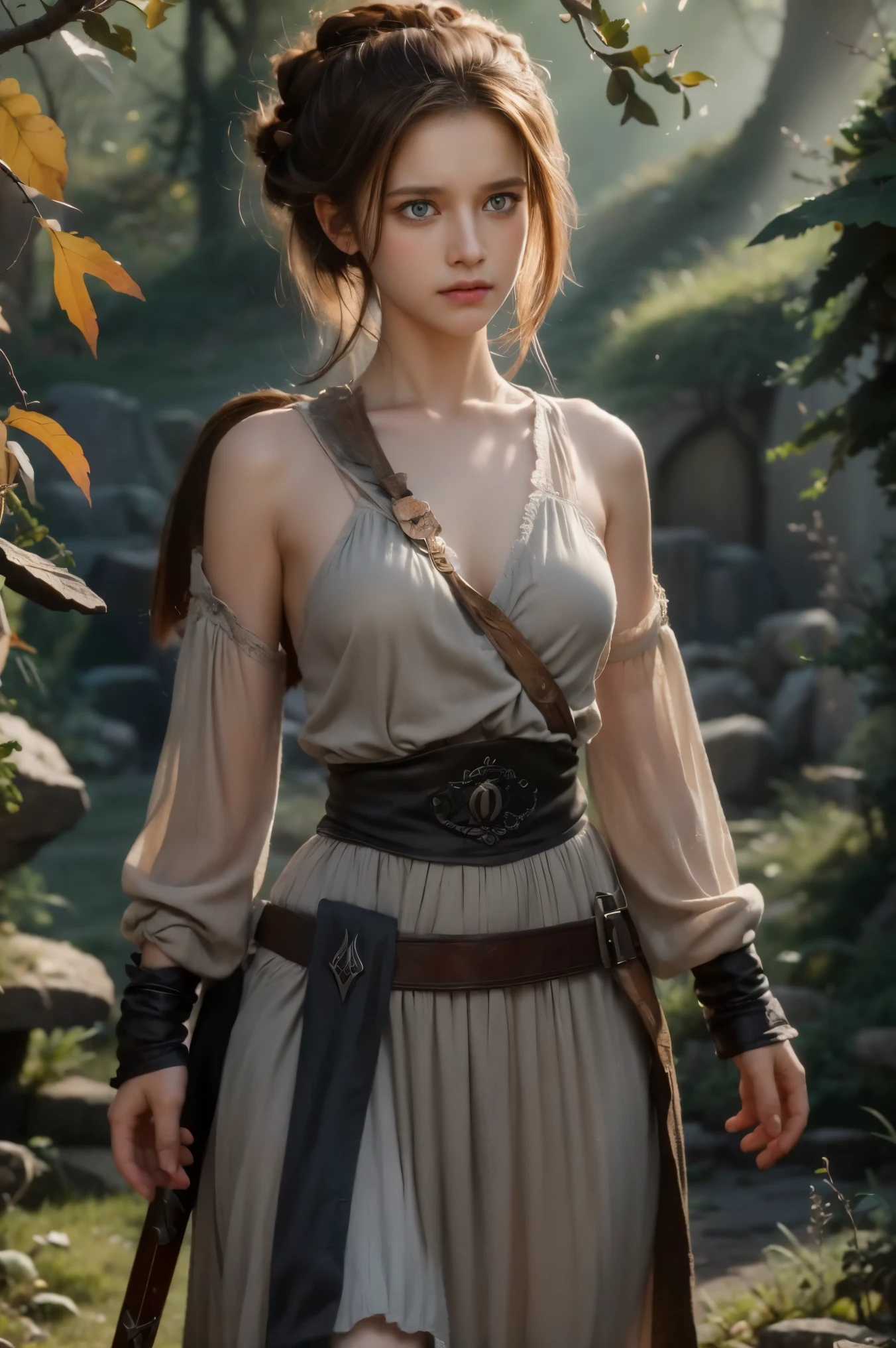 best quality, (wide shot), CGSsociety, 8K, ultra-realistic, masterpiece,Highly detailed warrior girl image inspired by the film "The Lord of the Rings", gothic style