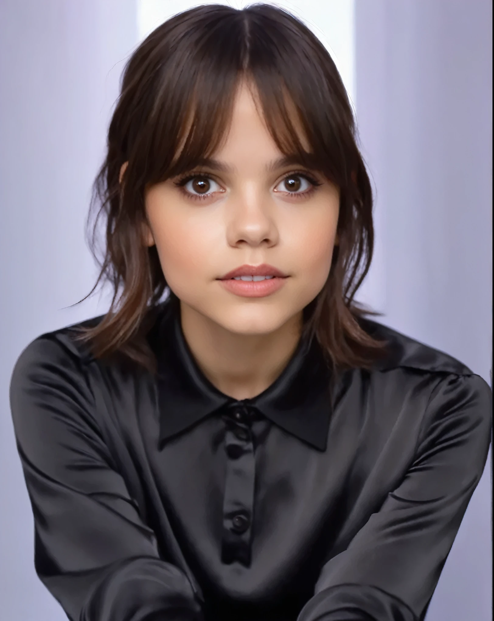 Arafed woman in black shirt poses for a photo, ihr Gesicht sieht aus wie eine Orchidee, short brown hair and big eyes, sehr albern aussehend, brown hair and big eyes, Isabela Moner, Mit Pony, She has a sweet, ausdrucksstarkes Gesicht, she has a sweet face, perfektes Gesicht!!!, dafne keen, perfektes Gesicht!!, pretty face!!