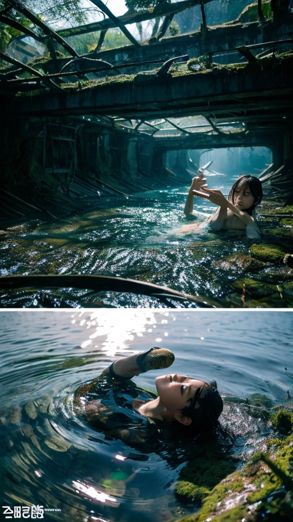 In the water,moss,Showa,Collapse,Devastation,Inside the ruins,Glasses,Women,adventure,Black and White,