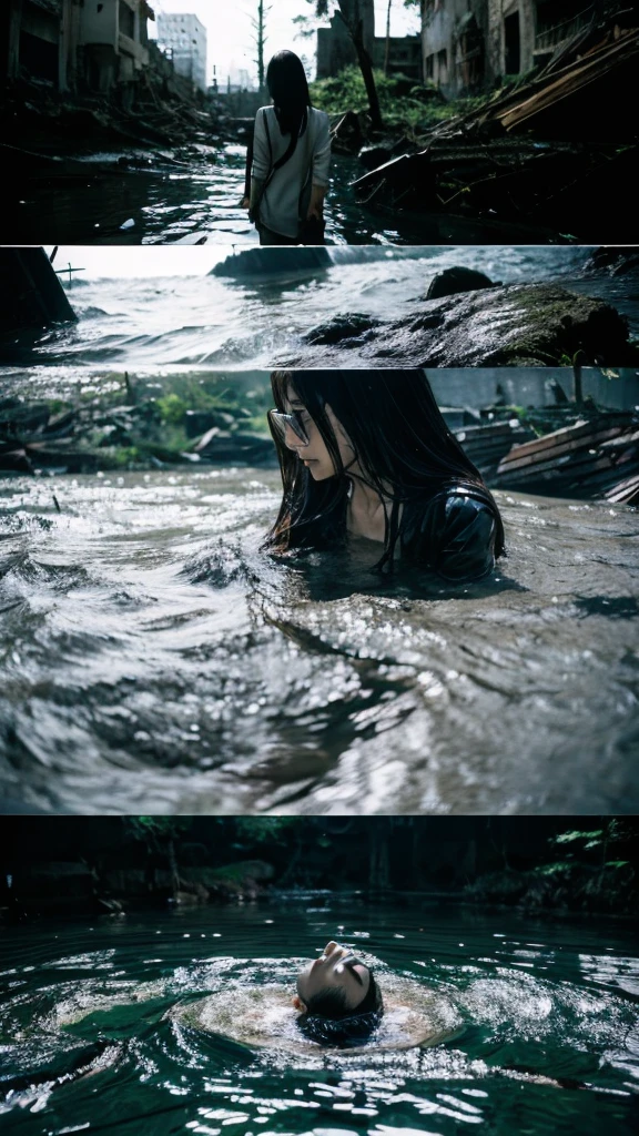 In the water,moss,Showa,Collapse,Devastation,Inside the ruins,Glasses,Women,adventure,Black and White,