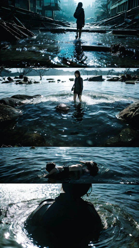 In the water,moss,Showa,Collapse,Devastation,Inside the ruins,Glasses,Women,adventure,Black and White,