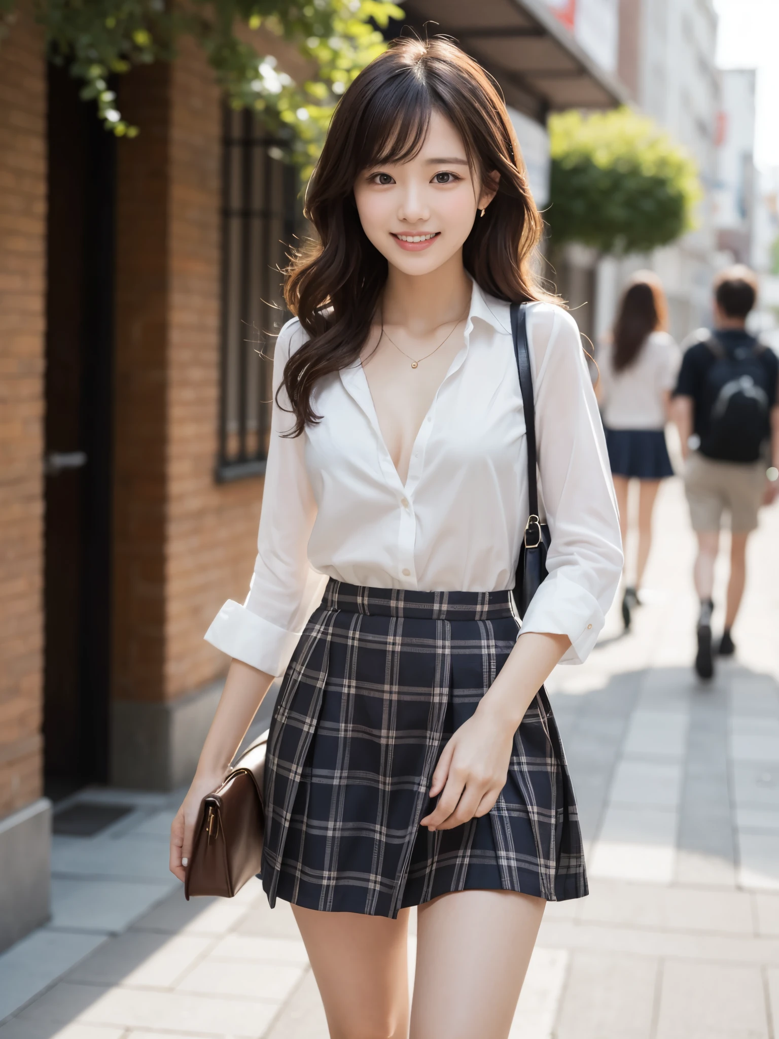 Female college student、No sleeve、Checked Skirt、Black boots、Wavy long hair、clear、thin、slim、Long legs、thinウエスト、Beauty、looking at the camera、Walking around the city、Open chest、ｃcup、すらっと伸びたthin脚、Cute Smile、Summer sunshine、Emphasize the chest