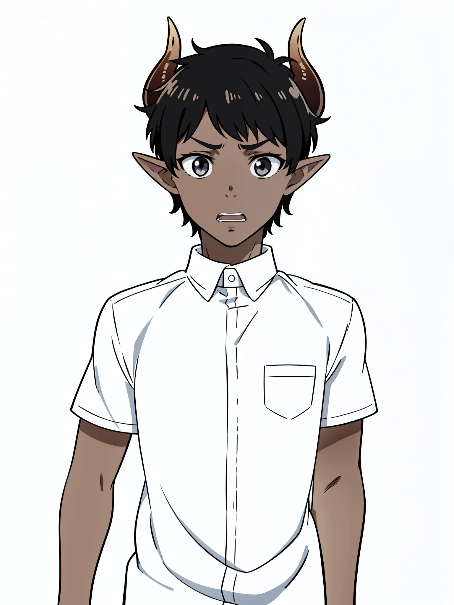 (1boy,8 ,solo),((dark skin)),white shirt,short sleeves,Short hair,black hair,elf ears,(horns),(white background,line drawing),open mouth,scared,sad,fear expression,portrait