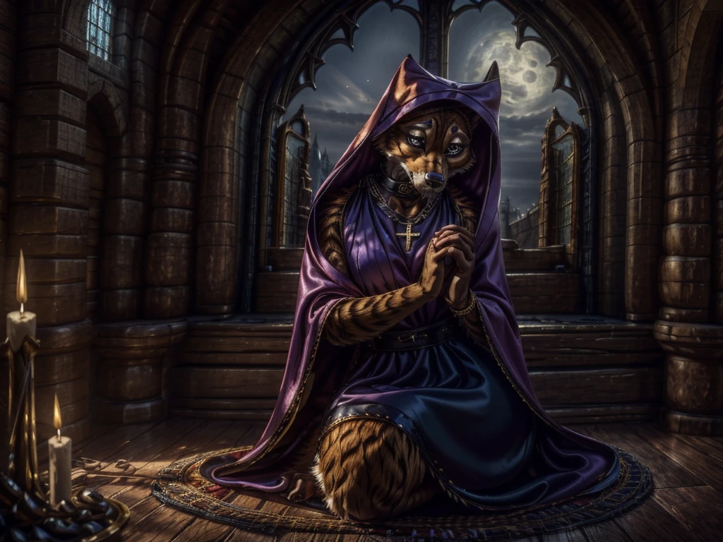 add_detail, masterpiece, best quality, detailed, soft dim lighting, depth of field, anthro, CARTOON_MaidMarian_ownwaifu, half lidded eyes, crying, kneeling, praying, black eyes, two-tone fur, orange fur, tail, barefoot, medium chest, sad, black dress, black headdress, (gothic), ((praying, clasped hands holding a golden cross necklace)), frills, cathedral, dim candlelight, (moonlight), backlit stained glass window, black choker
Realistic fur body, realistic eyes, best quality, intricate detail, absurd res, sharp focus, add more details, castlevania style