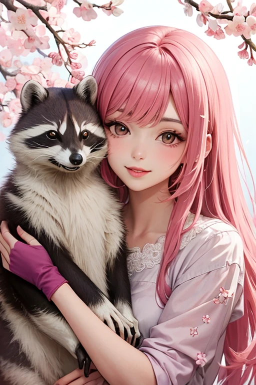 ((best quality)),(detailed), perfect face, pink hair, girl with racoon in her arms, rainbow, cherry blossom, raytraces, candy