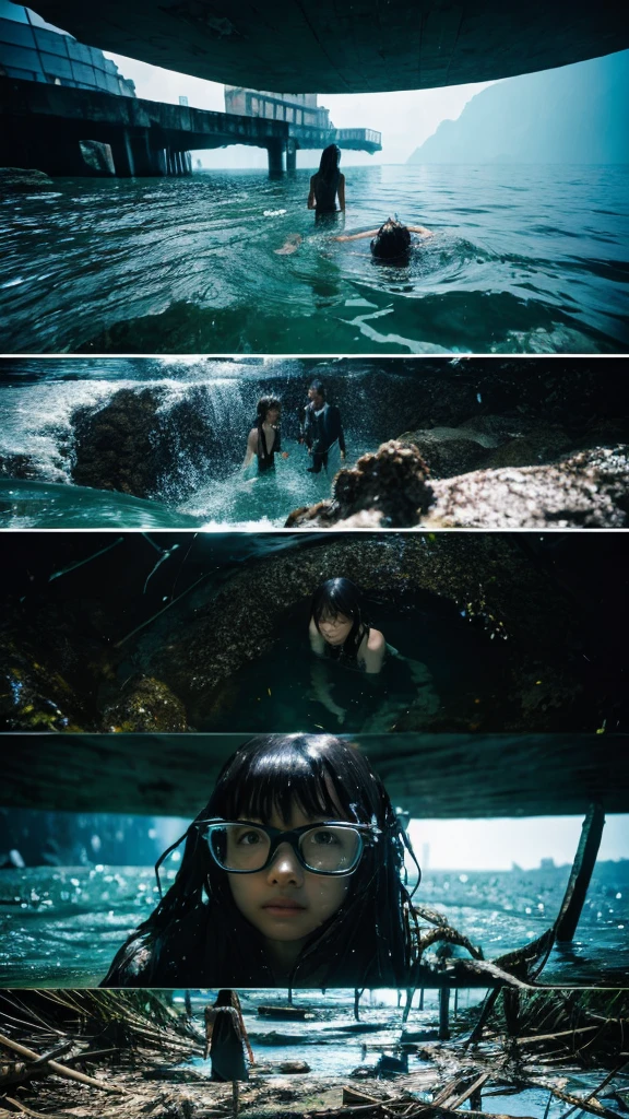 In the water,moss,Showa,Collapse,Devastation,Inside the ruins,Glasses,Women,adventure,Black and White,