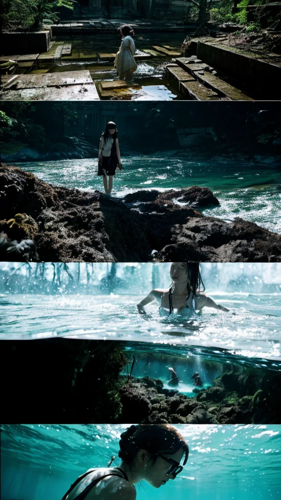 In the water,moss,Showa,Collapse,Devastation,Inside the ruins,Glasses,Women,adventure,Black and White,