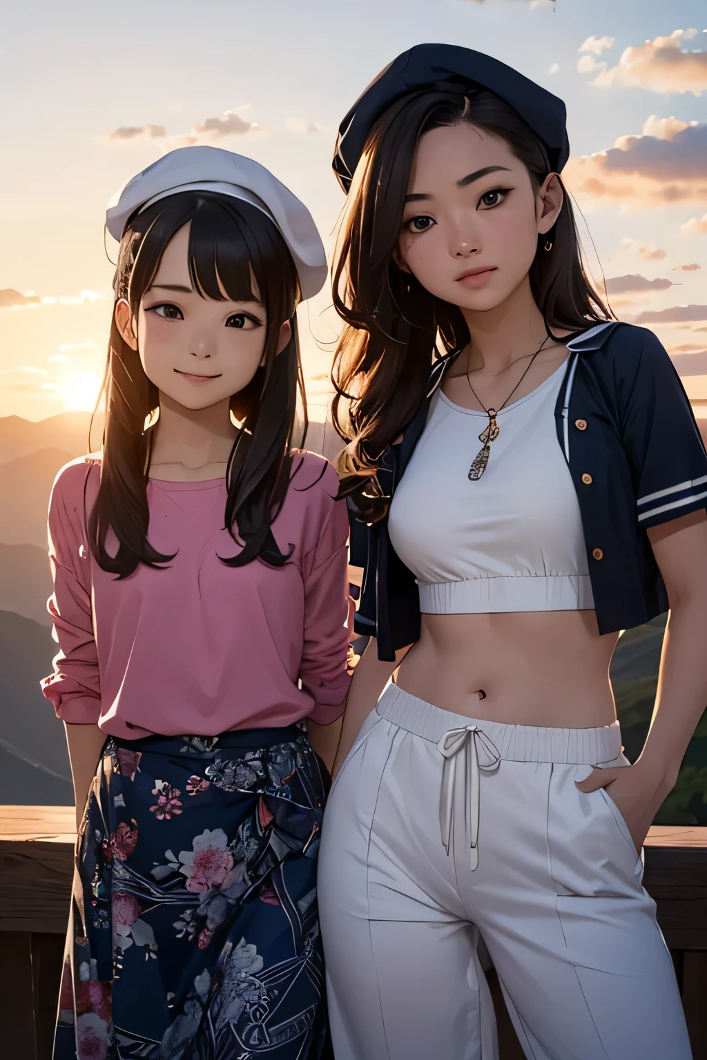 highest quality、High resolution、Detailed Background、(Beautiful face in every detail:1.4)、Anatomically correct、(Detailed facial expressions)、(Detailed eyes:1.2)、age beauty、(Highly detailed face:1.4)、cute hair color、Braided Ponytail、Bobcut、Braided long hair、Wavy Hairstyle、cute hairstyle、well-groomed eyebrows、Cute gestures、Summer Mountain seen from Fuji Mountain々、First sunrise spot、Before dawn、
(Two beautiful girls smiling broadly at the summit with the sunrise in the background:1.5)、
Before dawn the sky begins to change from deep navy blue to orange.、From the top of Mt. Fuji, you can see the sea of clouds and the Fuji Five Lakes in the distance.、The sun began to rise in the eastern sky、The light is like a golden thread、Mountain々The clouds are gently illuminated.、
Climbing Mountain's clothing「Innerwear, mid-layers, and outerwear」These three layers are the basics.、Dress in layers、Put on your hat、Colorful Berets、Loose-fitting sarouel pants like Aladdin pants are comfortable and stylish.、The ethnic print wrap skirt gives off a summer vibe.、Wide pants with a botanical pattern are trendy、
These stretch pants have a slimming effect on your legs and are comfortable and stylish at the same time.、cute