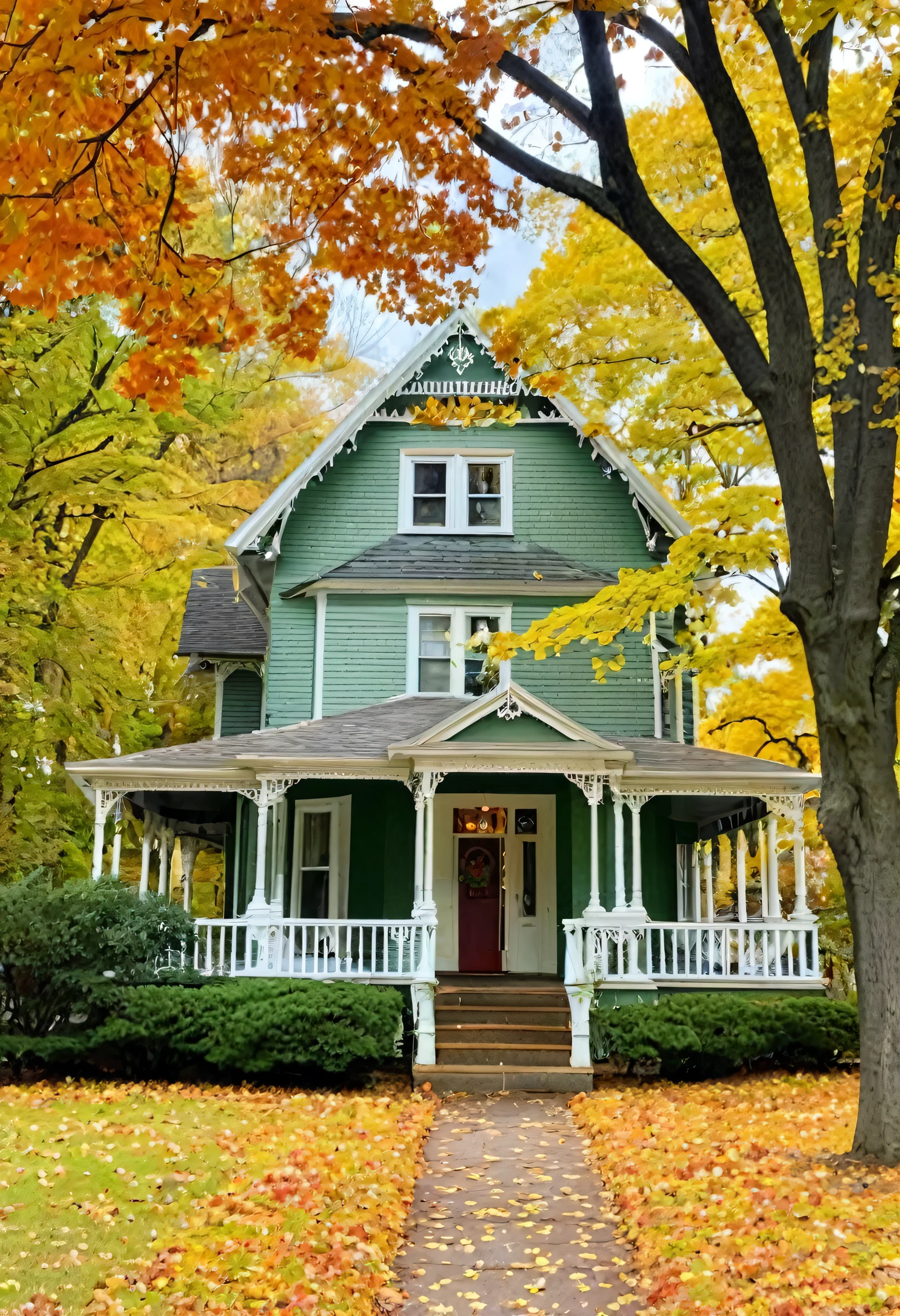 Charming 1950s Victorian Home。With a porch with a corridor。, Surrounded by vibrant autumn foliage, Reminiscent of Norman Rockwell's pastoral paintings.